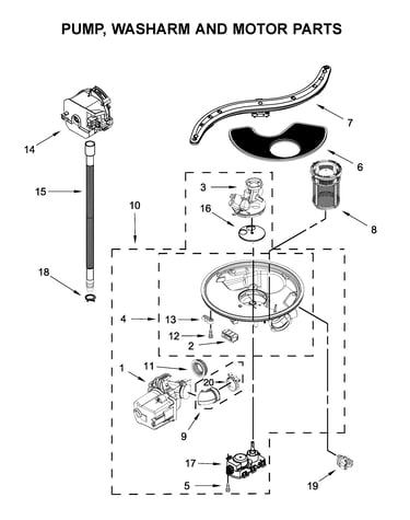 Pump, washarm and motor parts