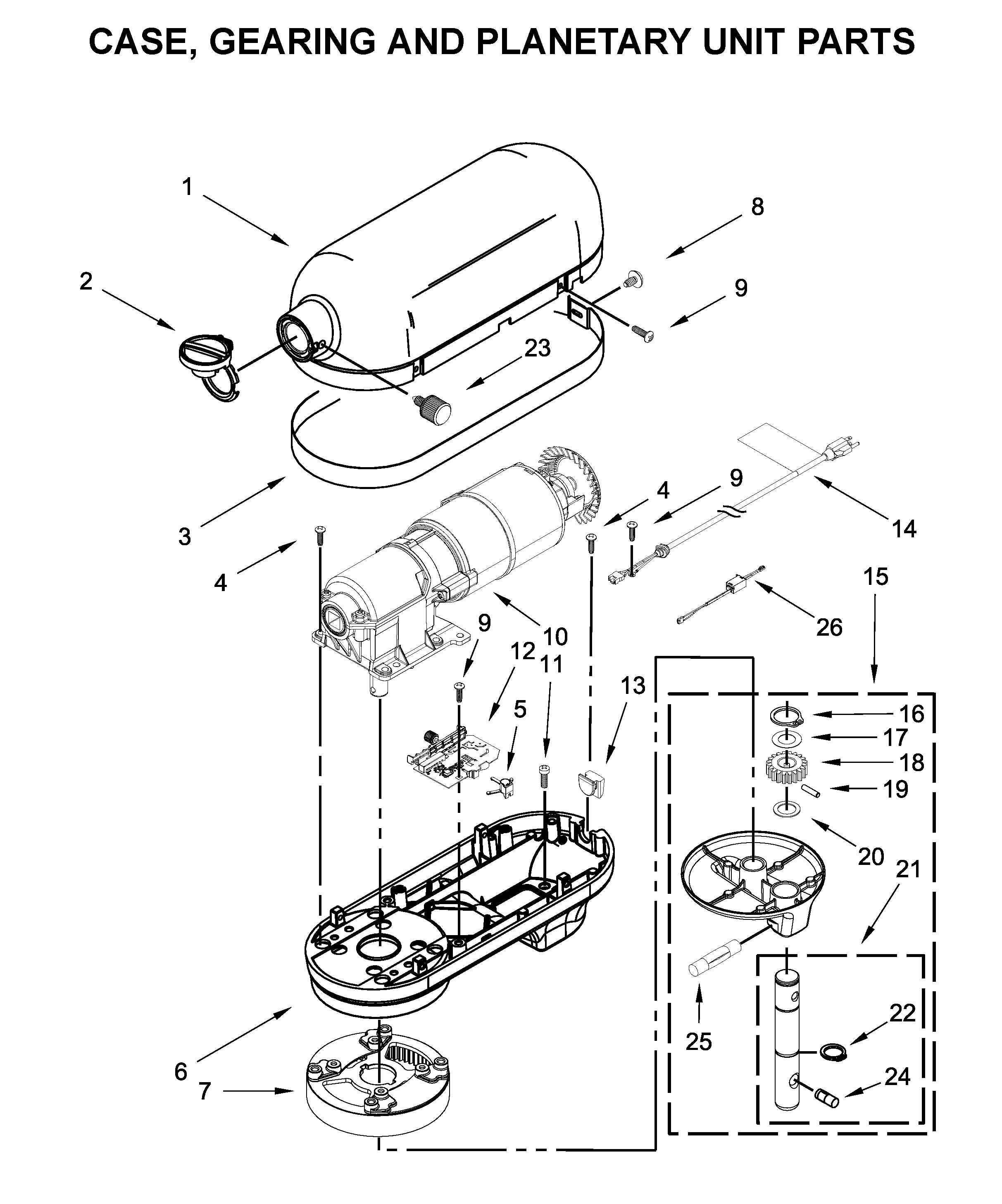 Case, gearing and planetary unit parts