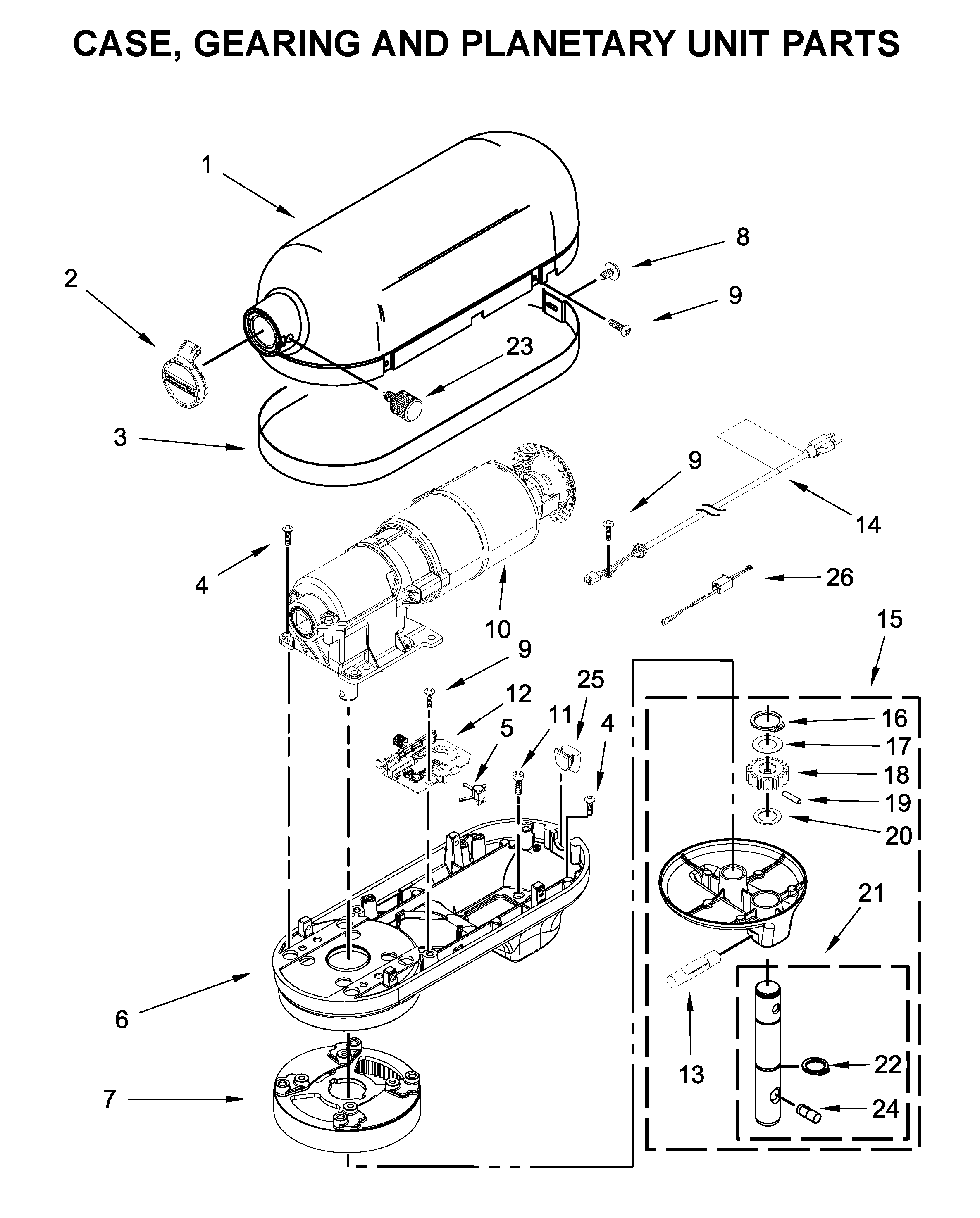 Case, gearing and planetary unit parts