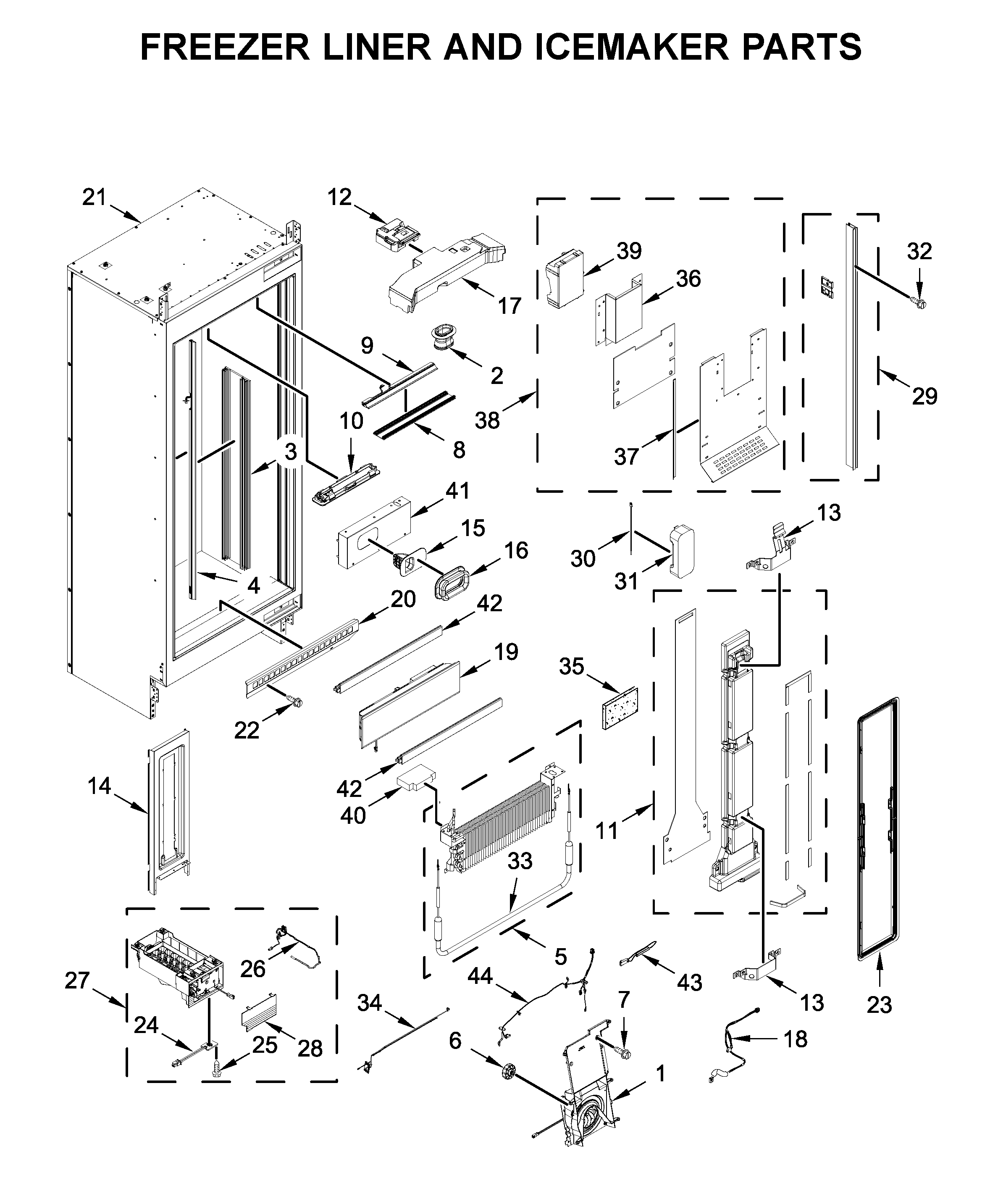 Freezer liner and icemaker parts