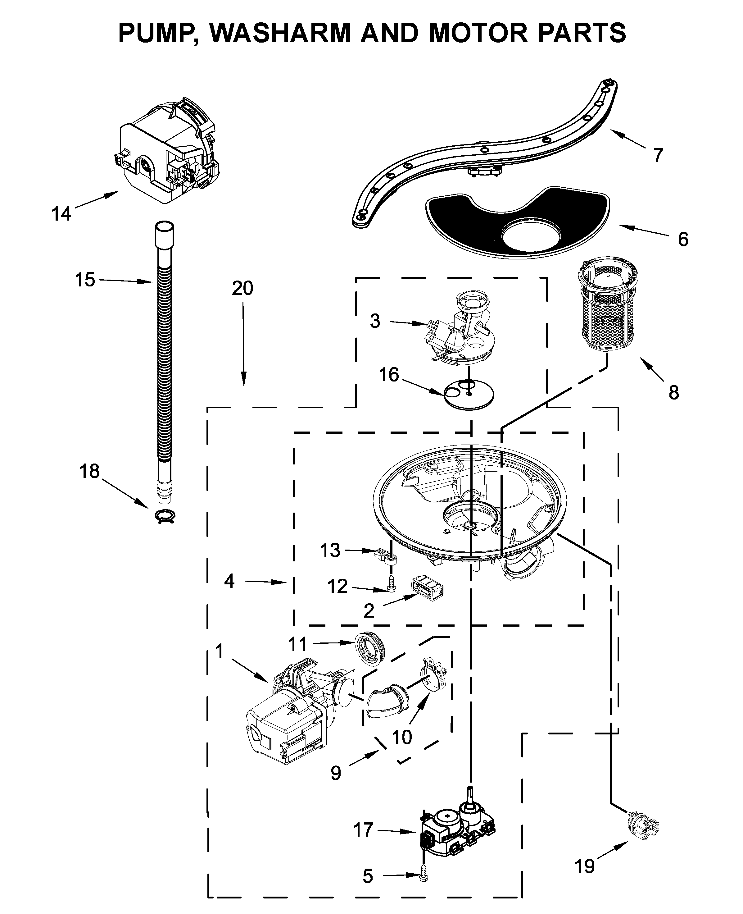 Pump, washarm and motor parts