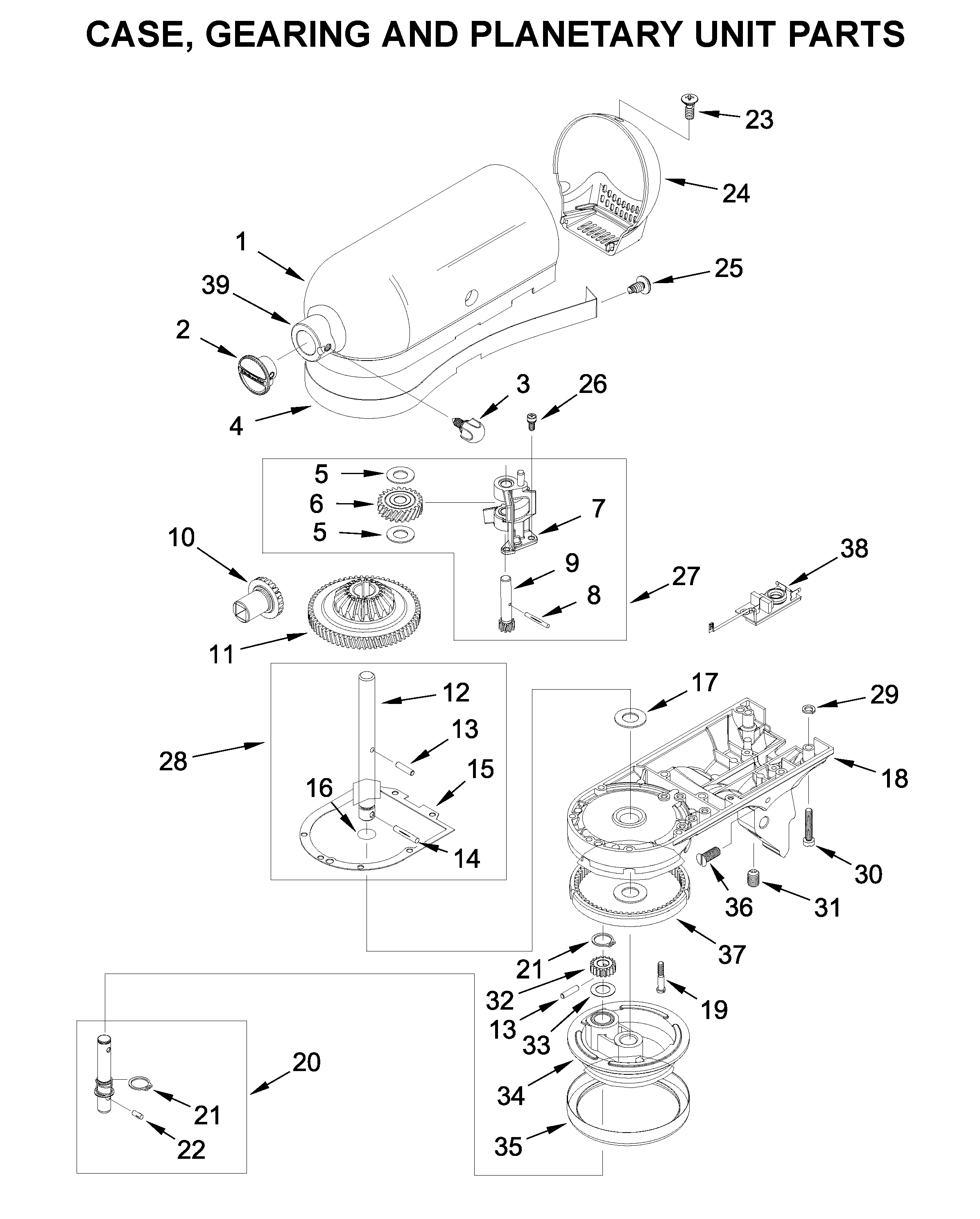 Case, gearing and planetary unit parts