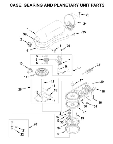 Case, gearing and planetary unit parts