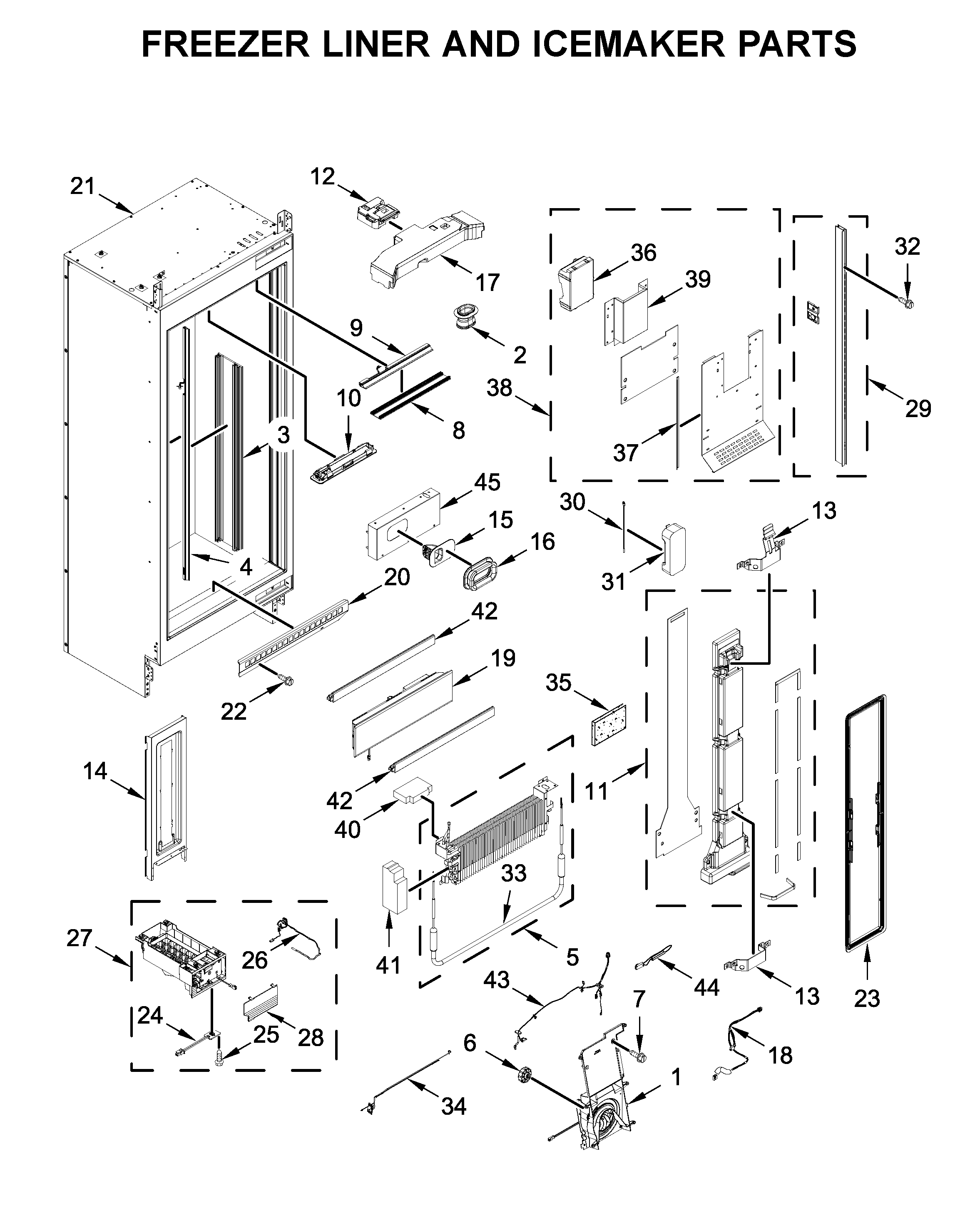 Freezer liner and icemaker parts