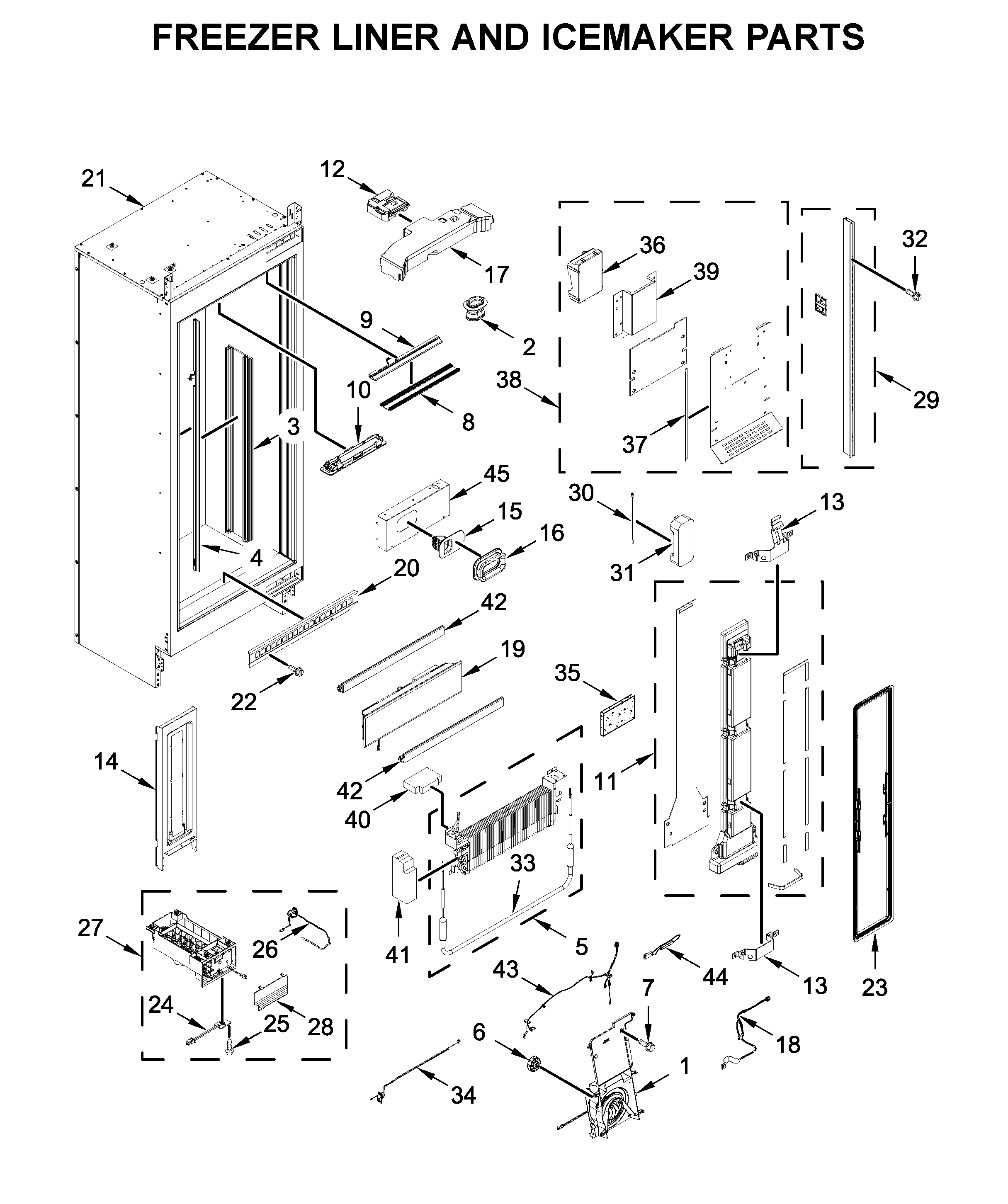 Freezer liner and icemaker parts