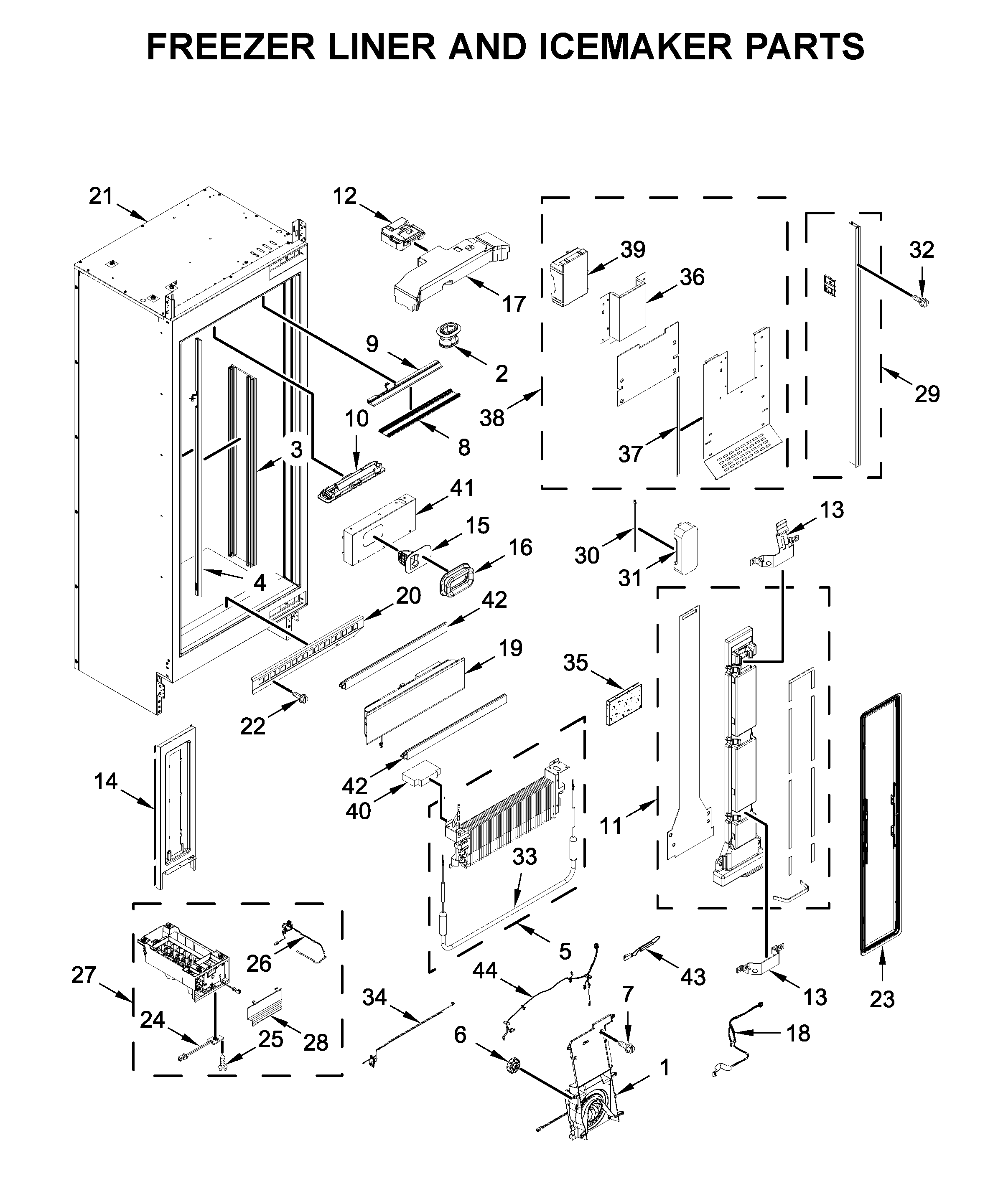 Freezer liner and icemaker parts