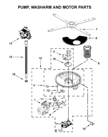 Pump, washarm and motor parts