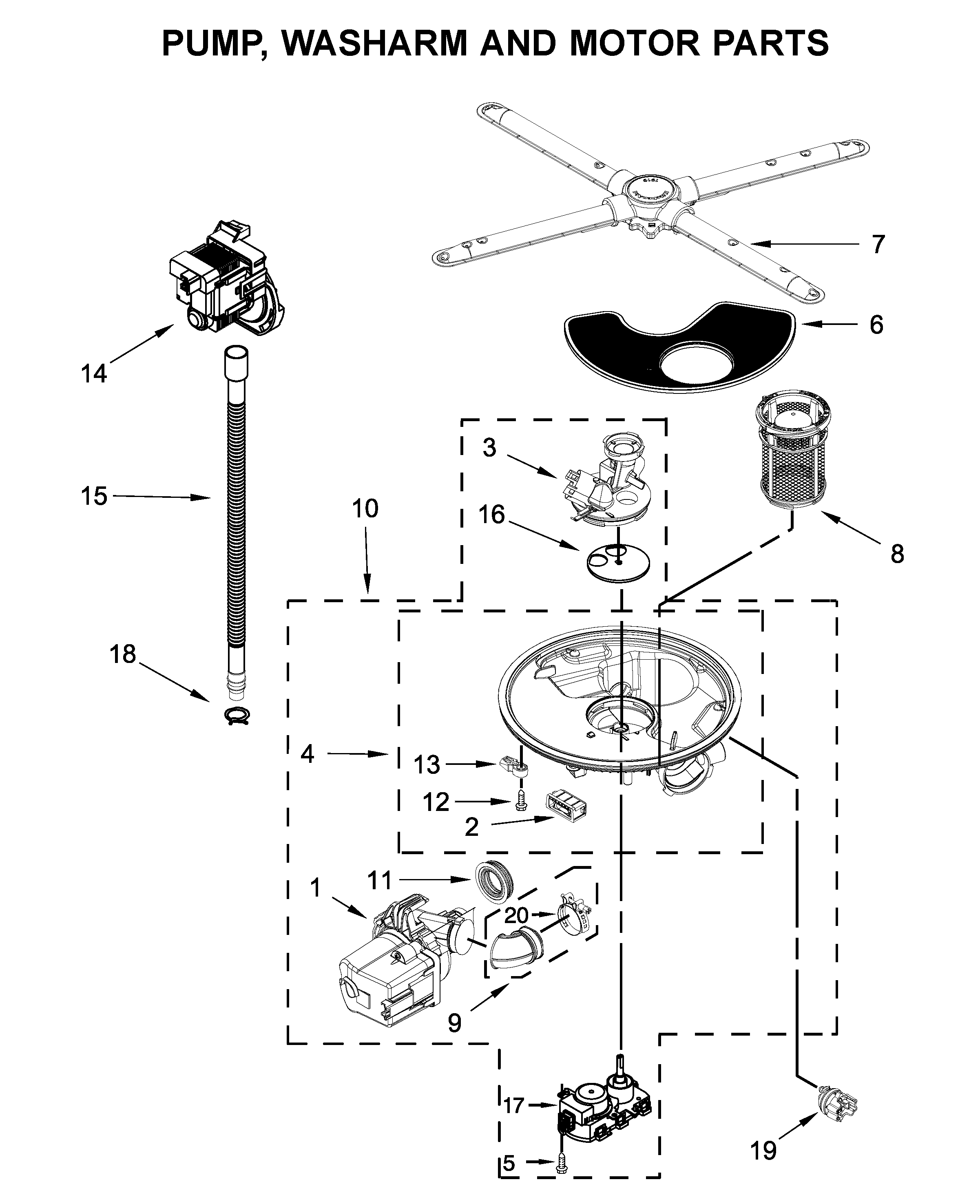 Pump, washarm and motor parts