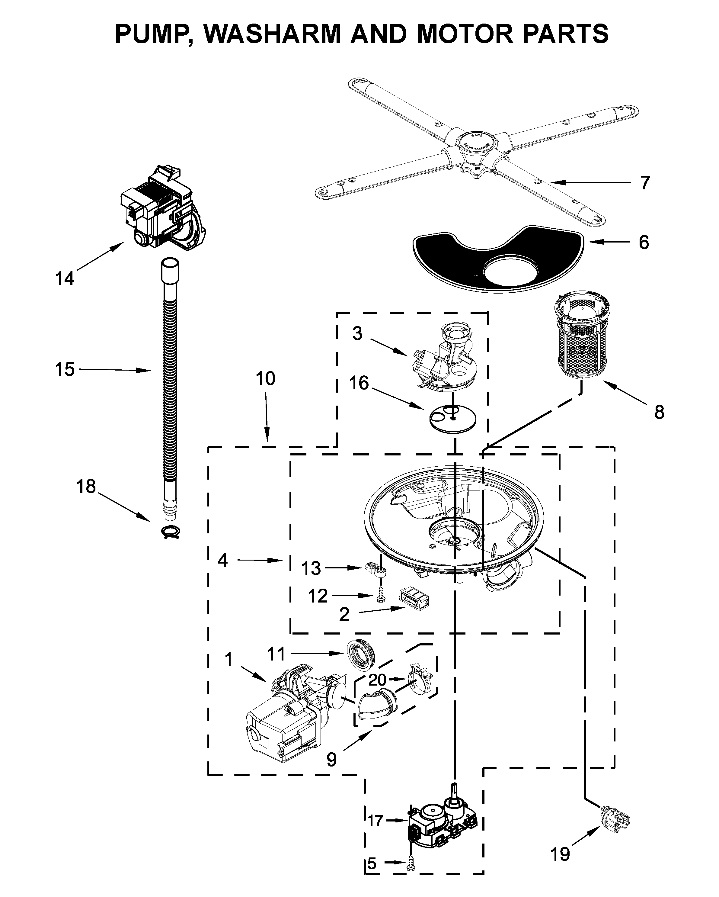 Pump, washarm and motor parts