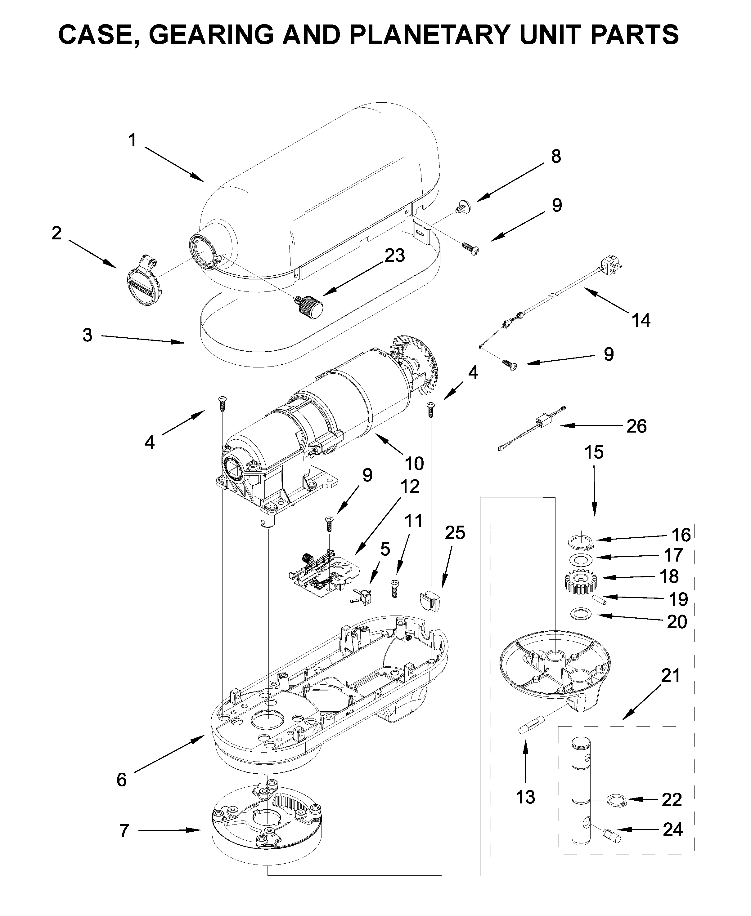 Case, gearing and planetary unit parts