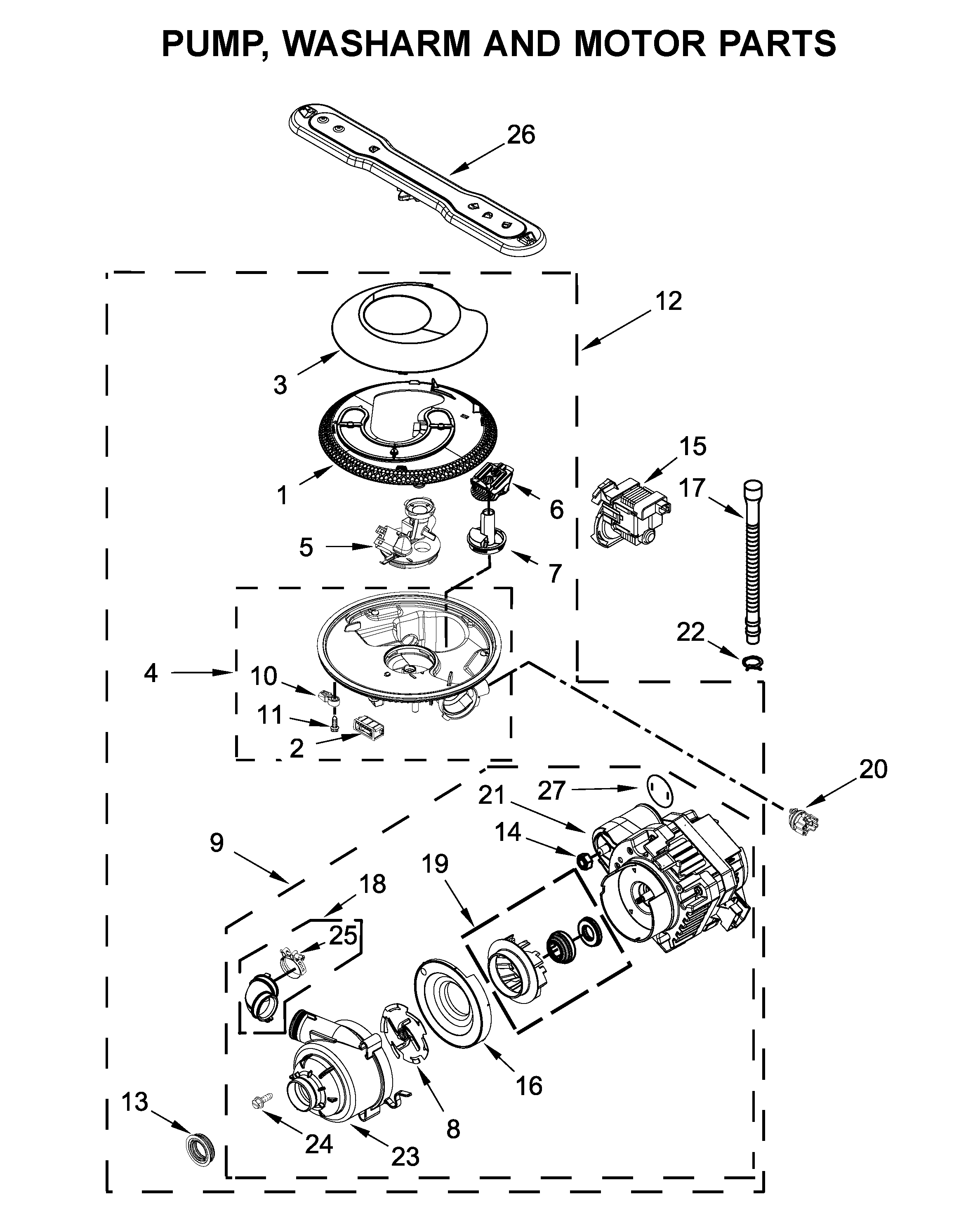 Pump, washarm and motor parts