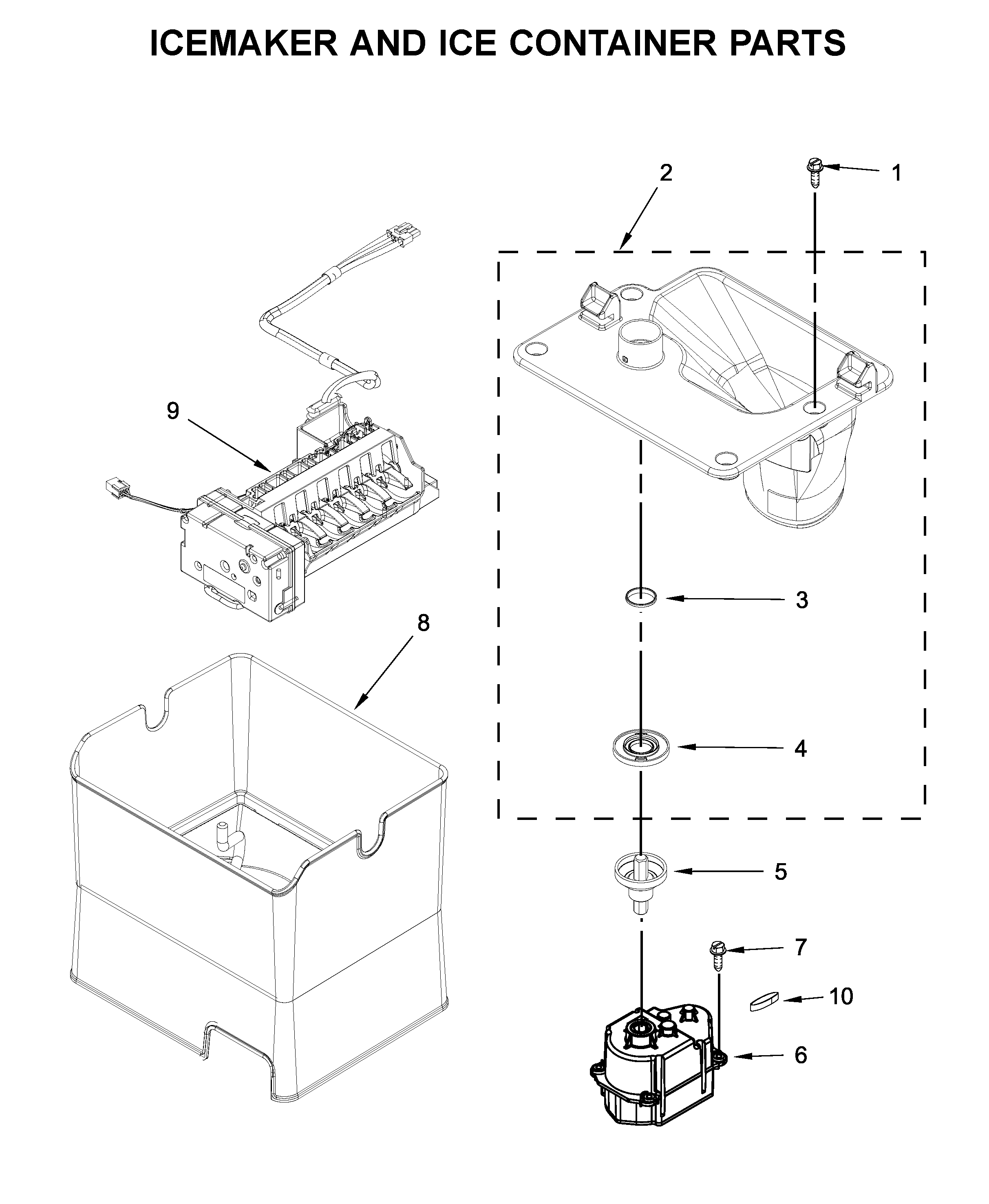 Icemaker and ice container parts