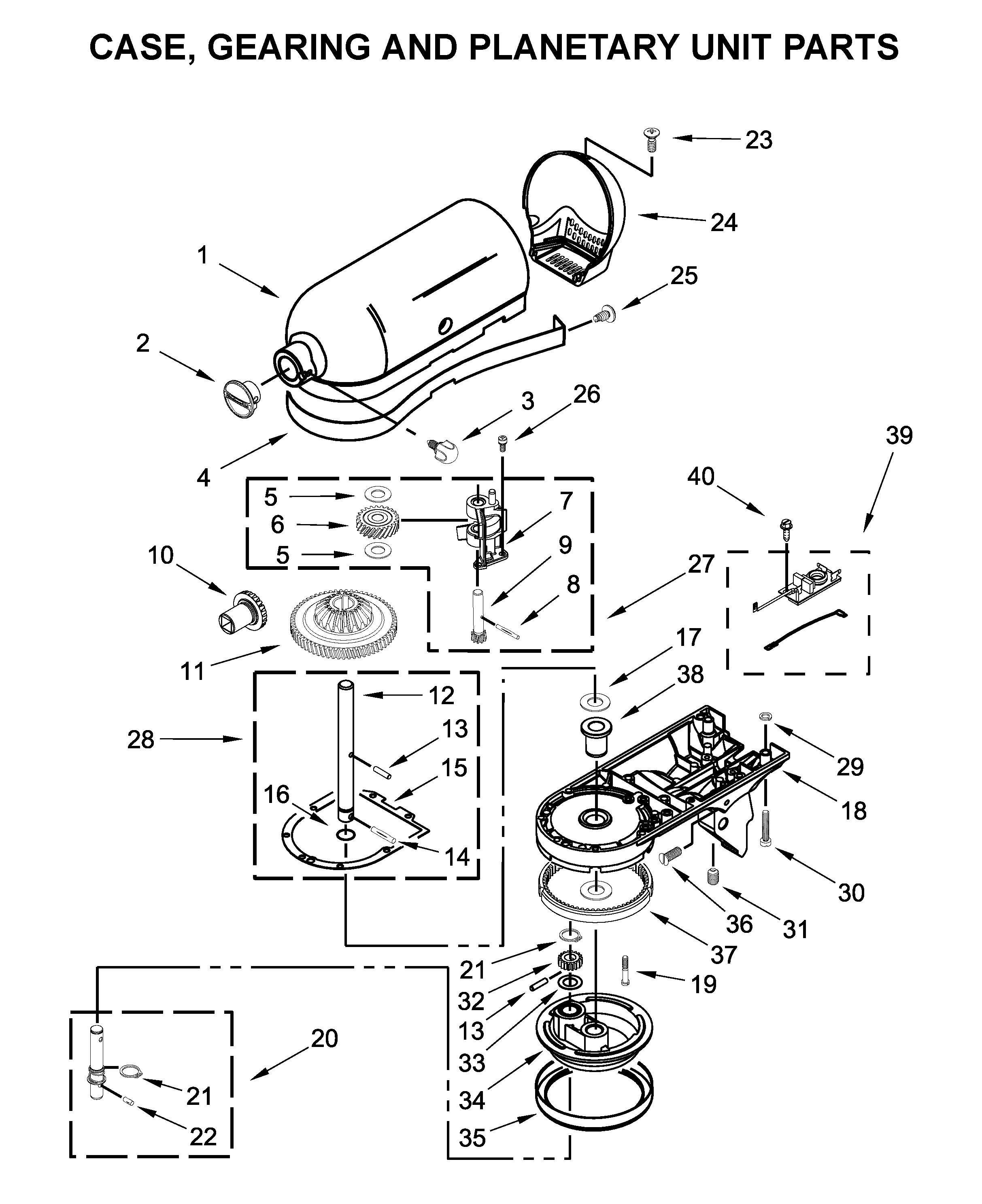 Case, gearing and planetary unit parts