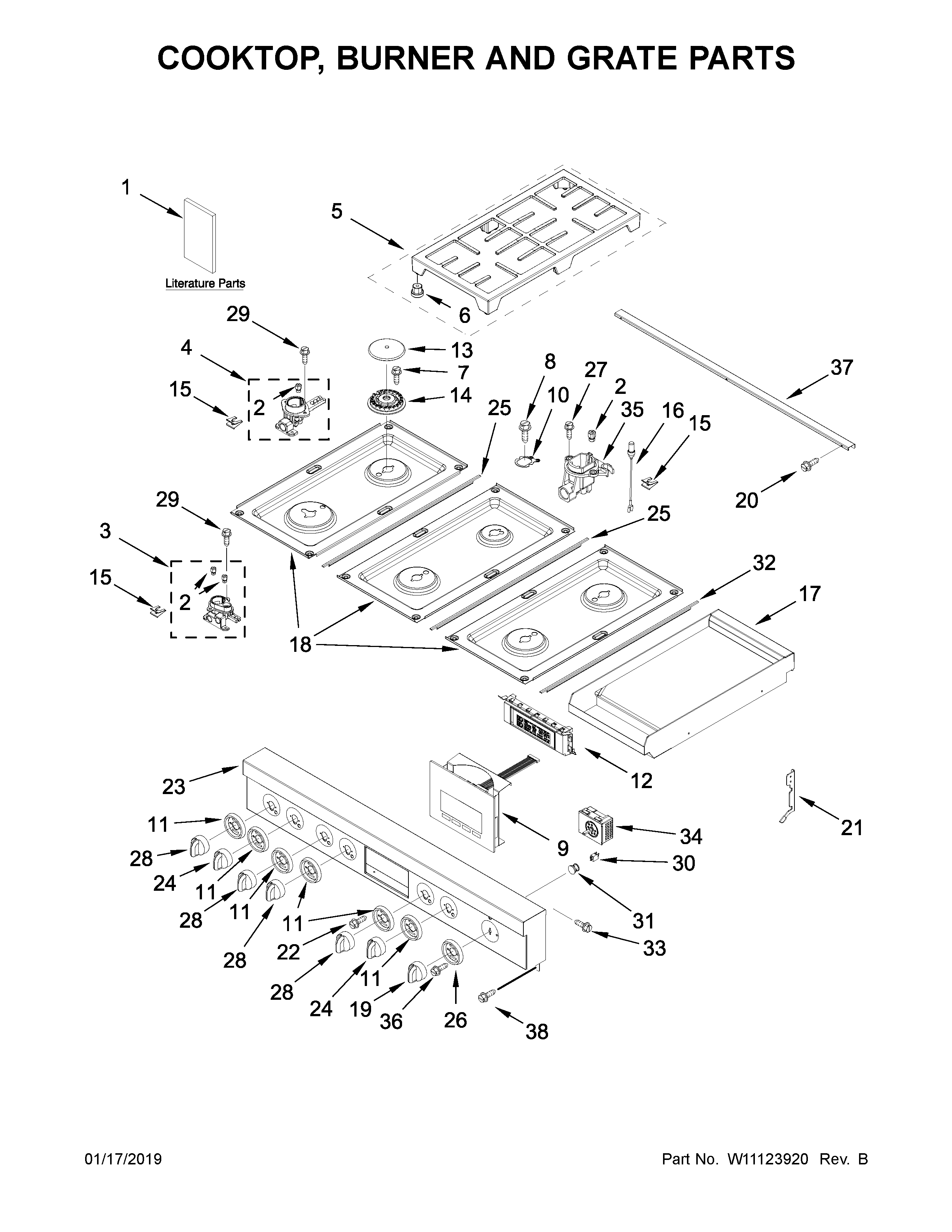 Cooktop, burner and grate parts
