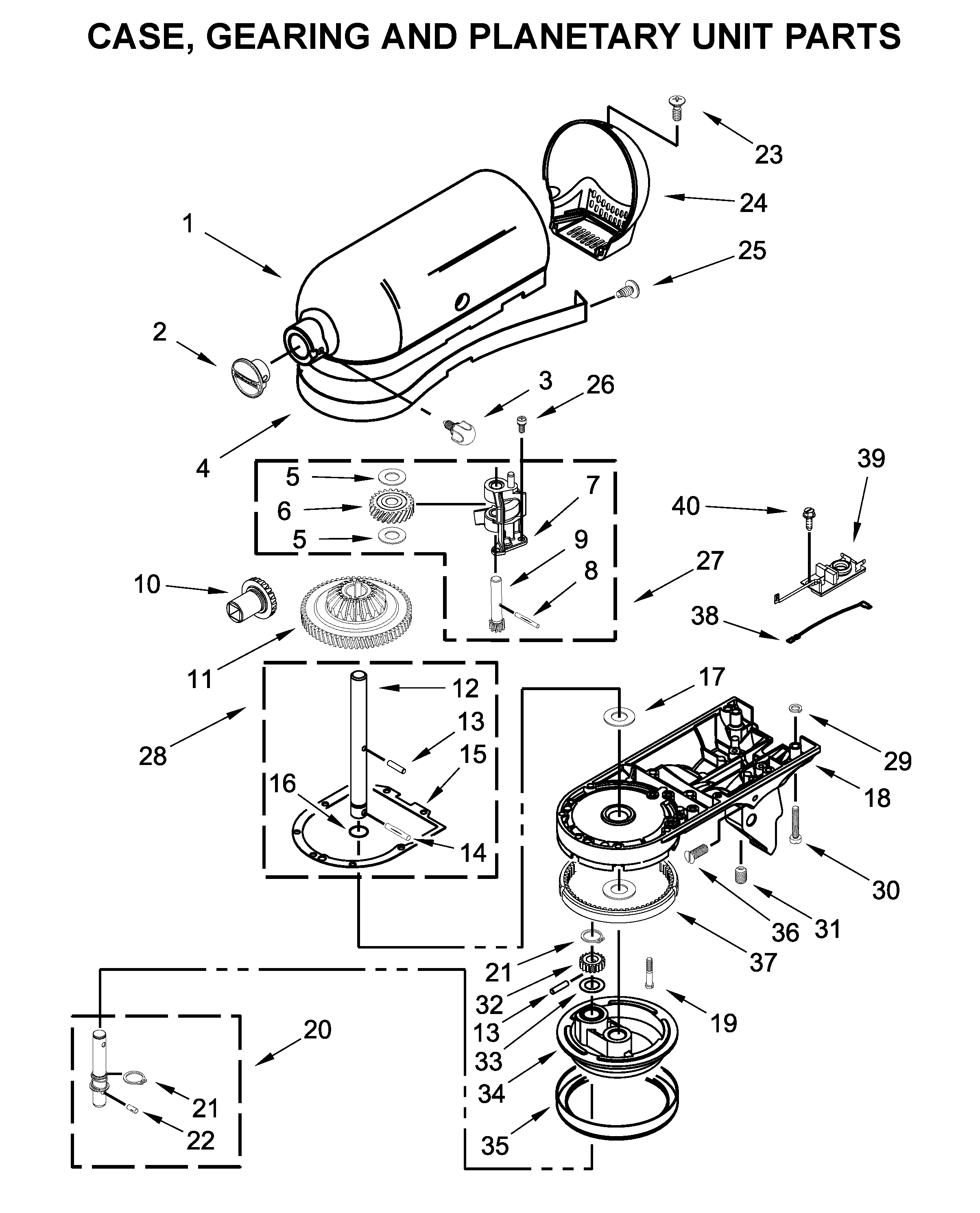 Case, gearing and planetary unit parts