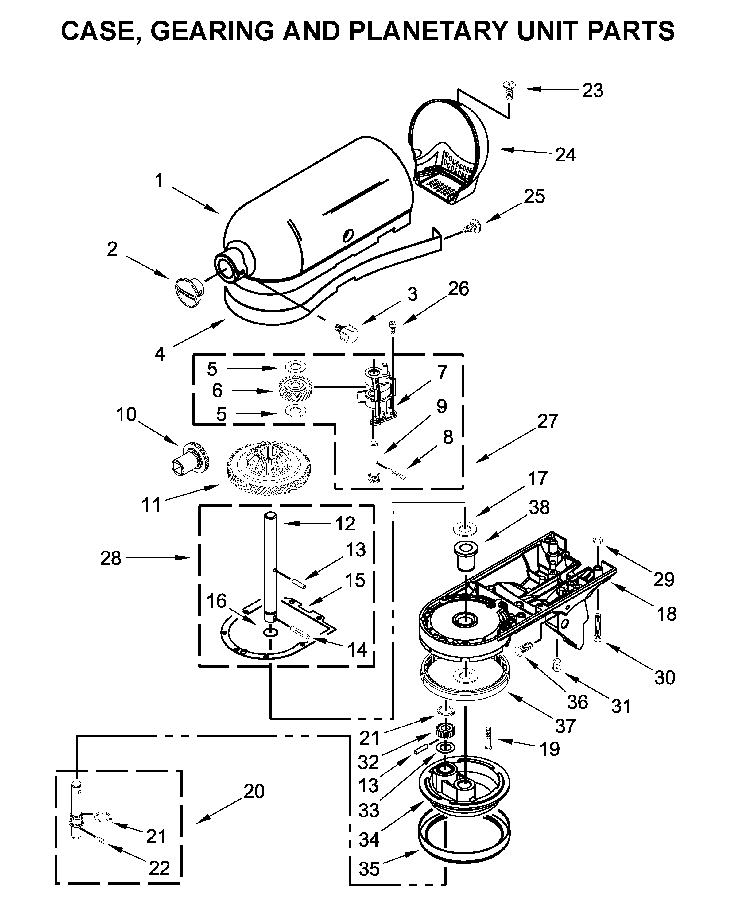 Case, gearing and planetary unit parts