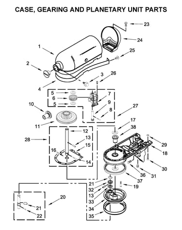 Case, gearing and planetary unit parts