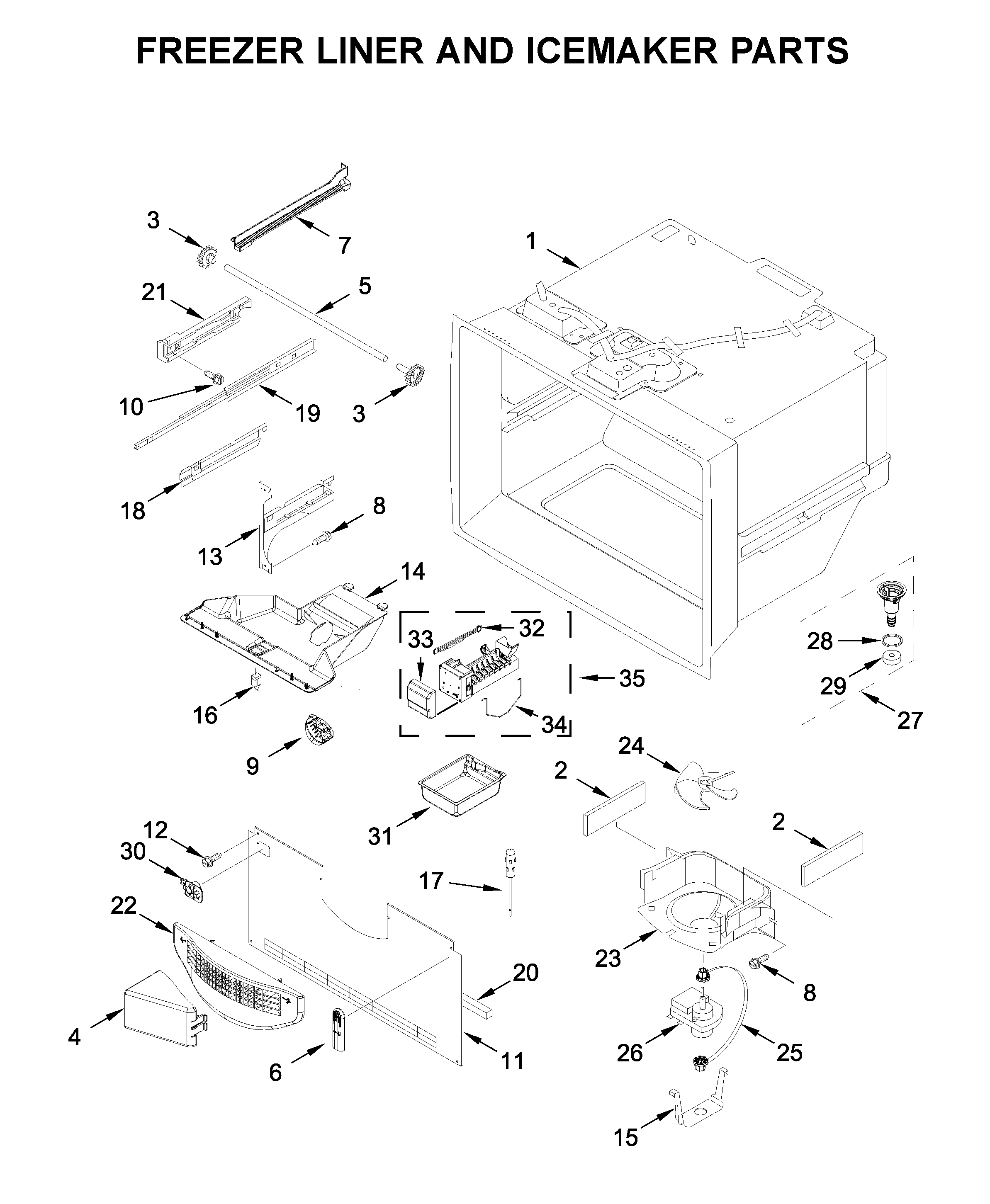 Freezer liner and icemaker parts