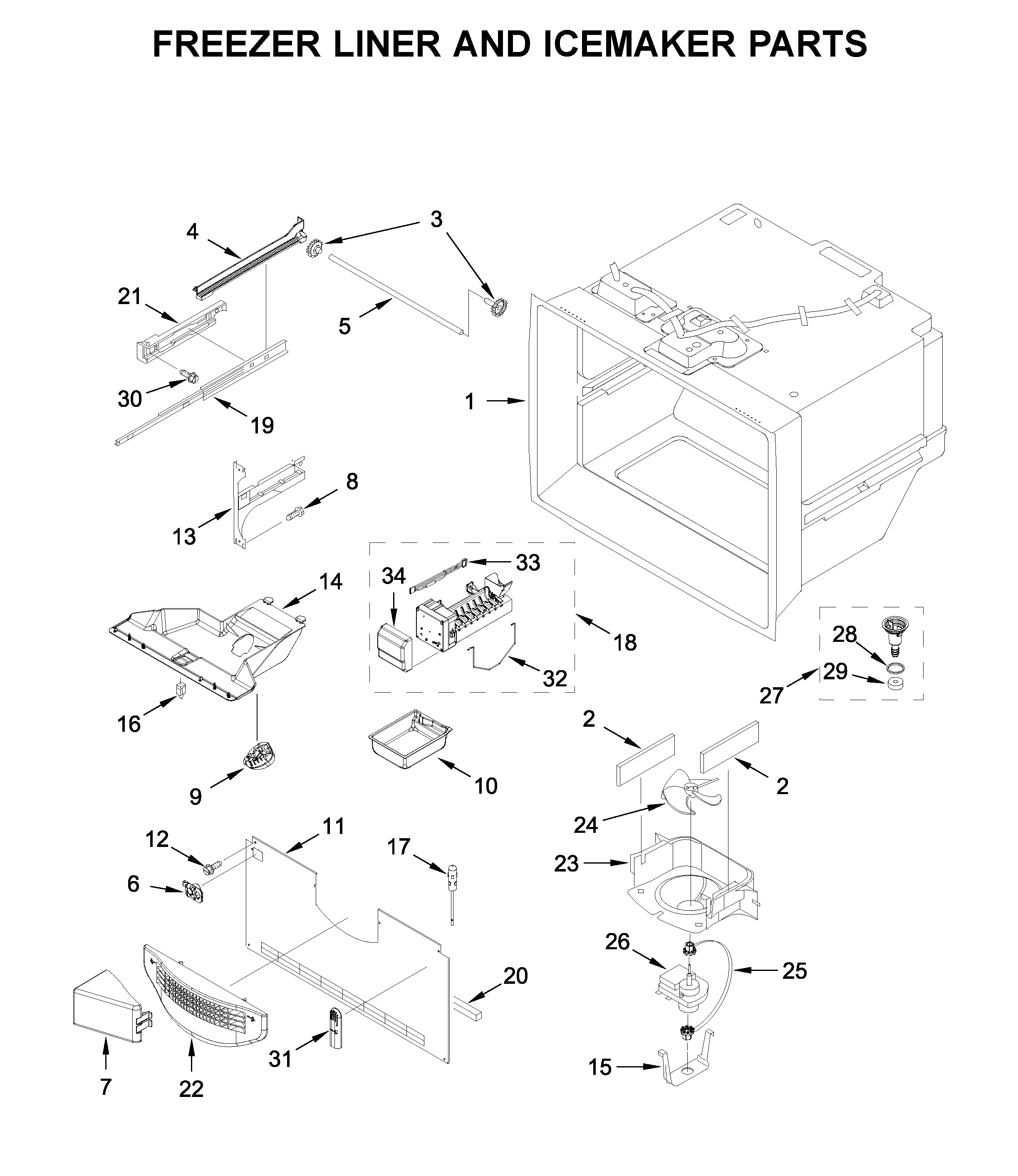 Freezer liner and icemaker parts
