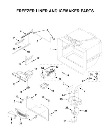 Freezer liner and icemaker parts