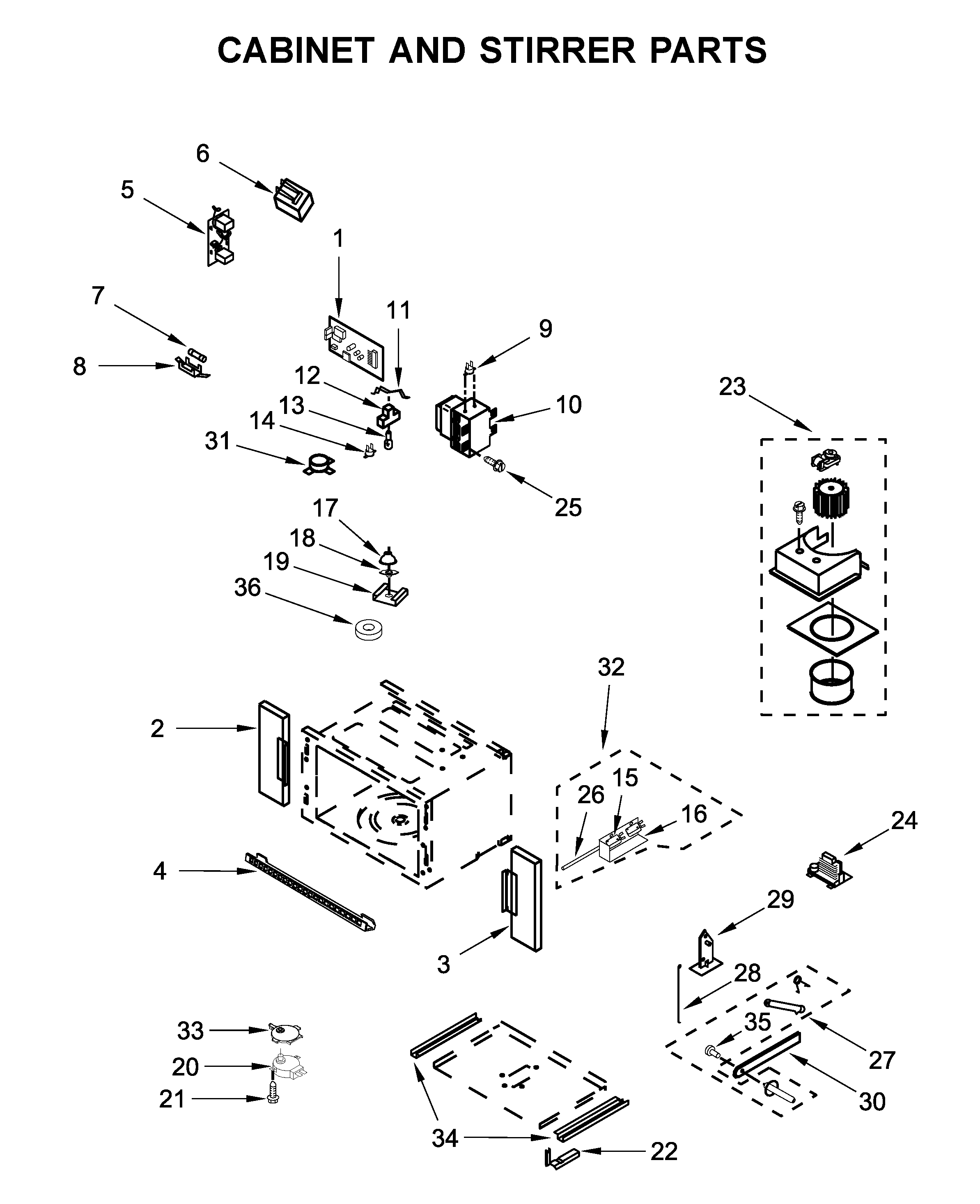 Cabinet and stirrer parts
