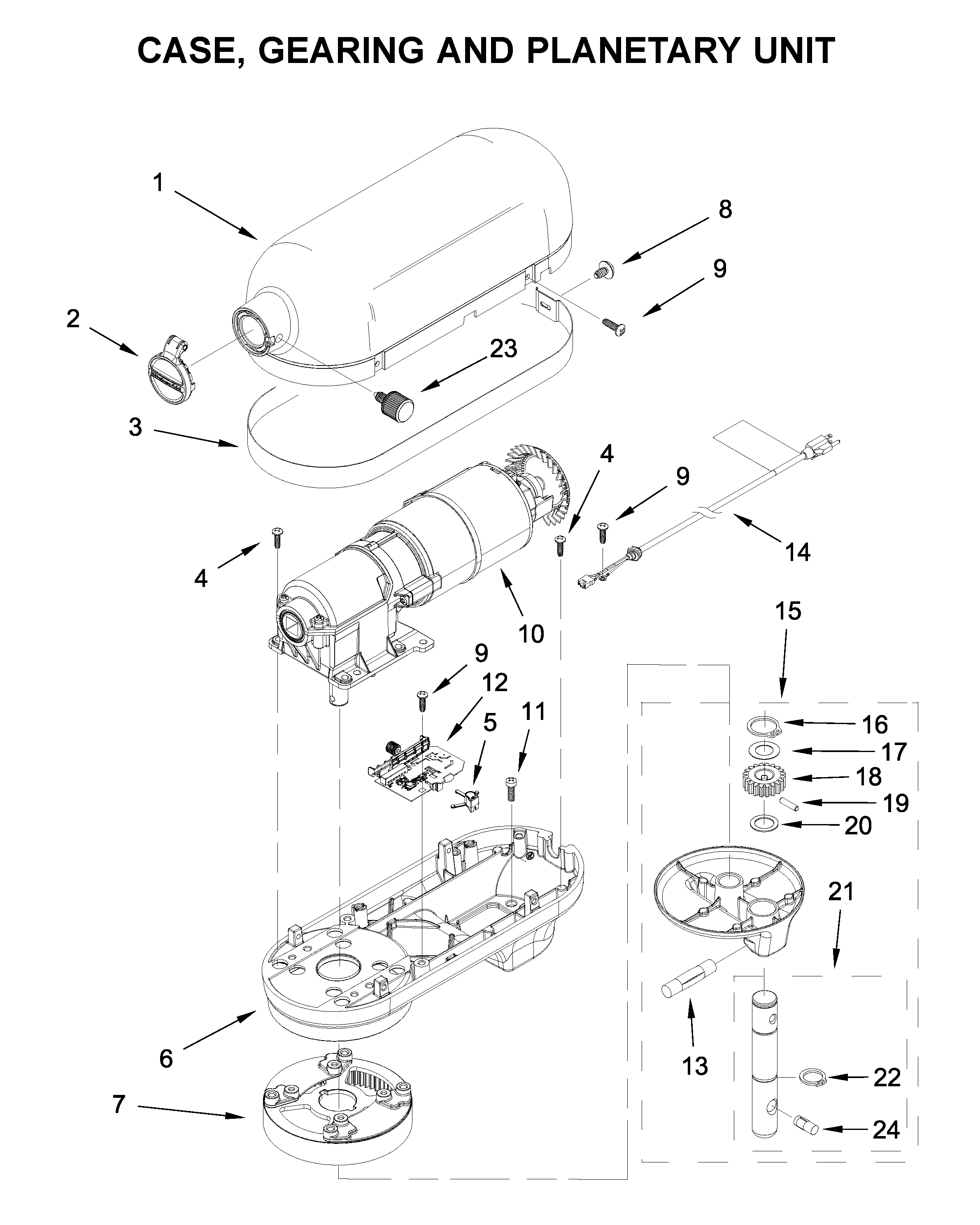 Case, gearing and planetary unit