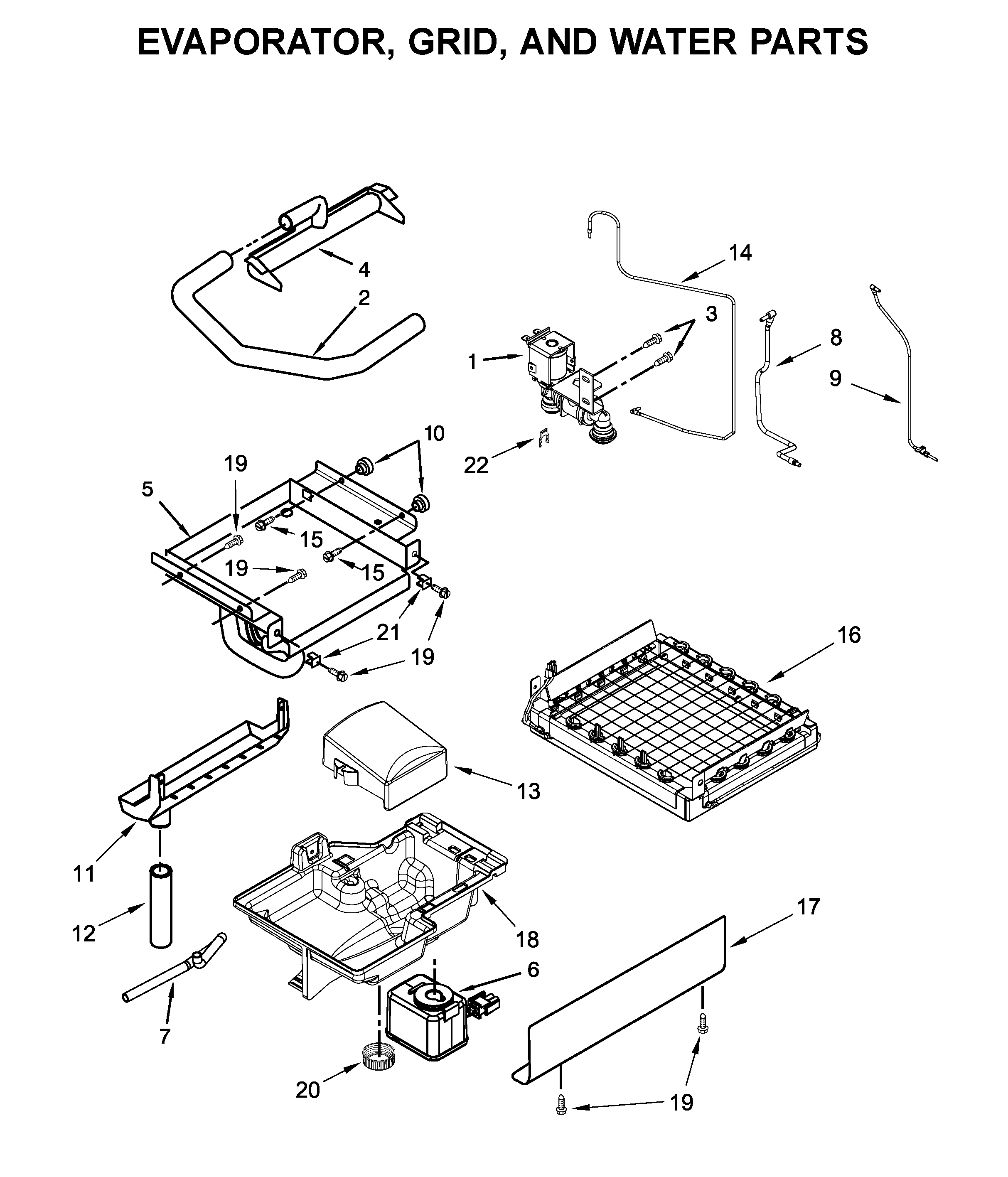 Evaporator, grid, and water parts