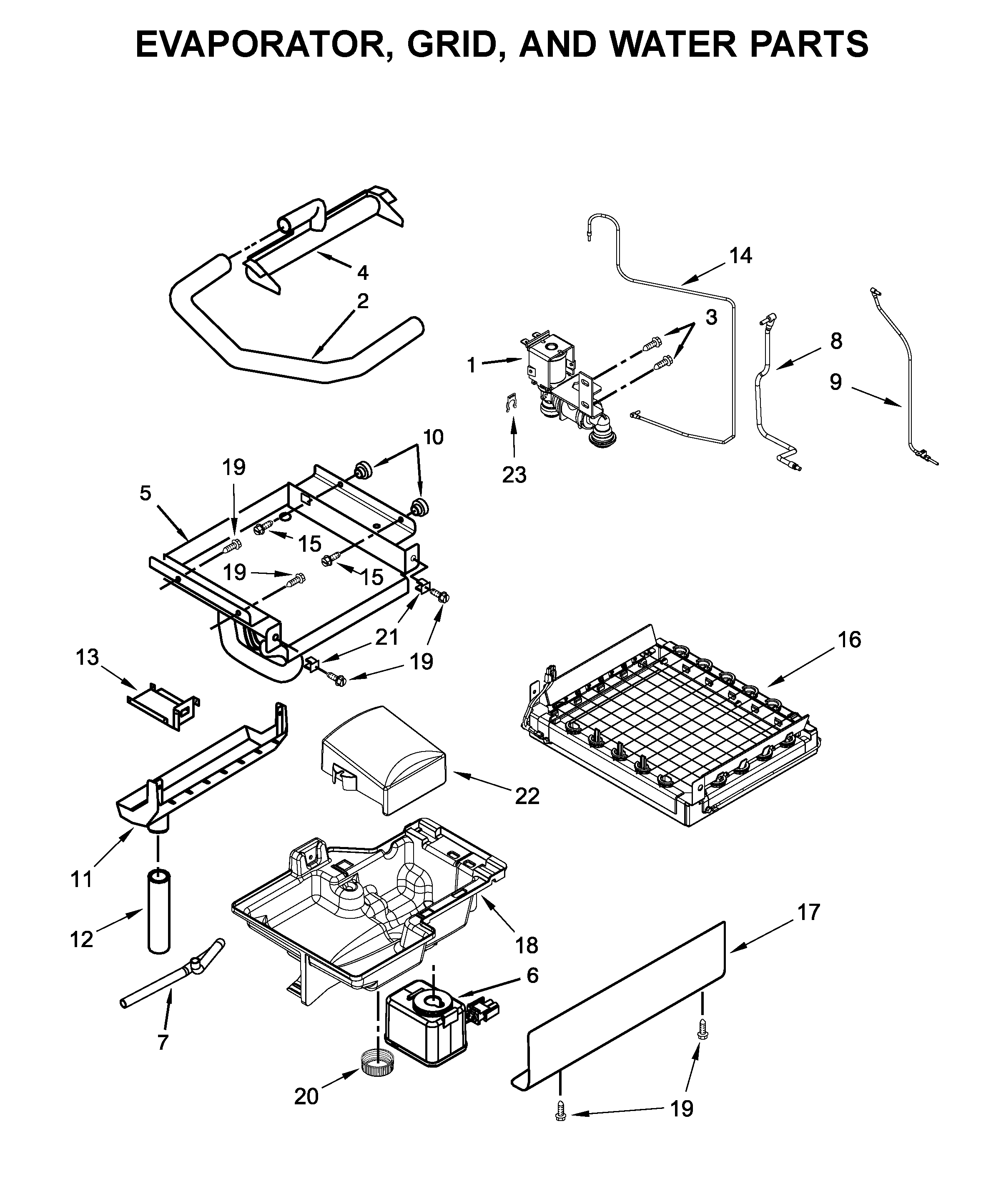 Evaporator, grid, and water parts