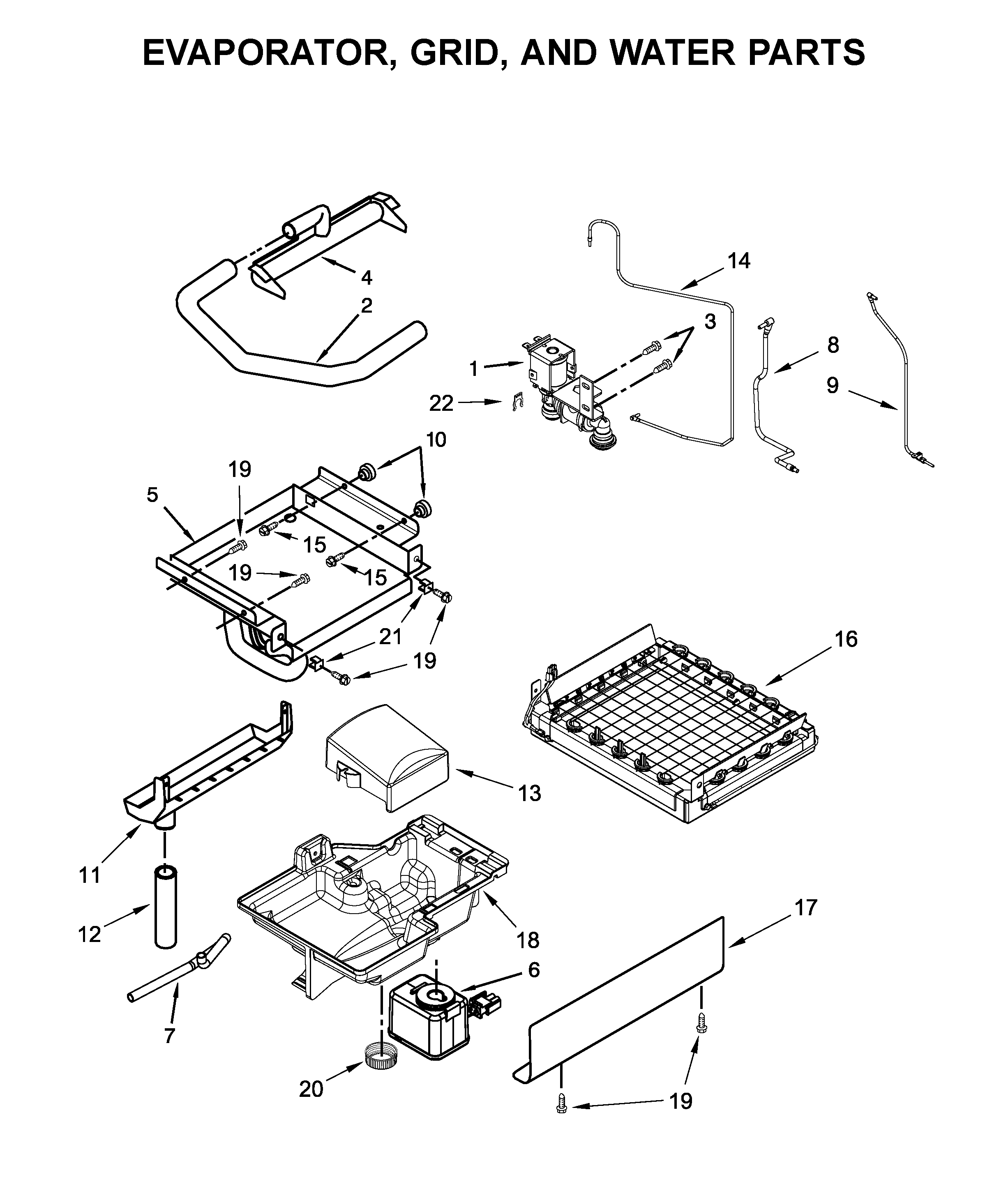 Evaporator, grid, and water parts