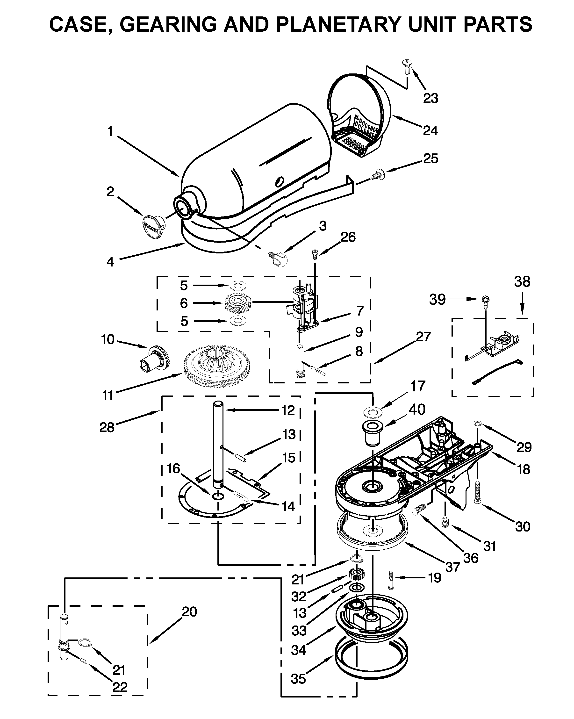 Case, gearing and planetary unit parts