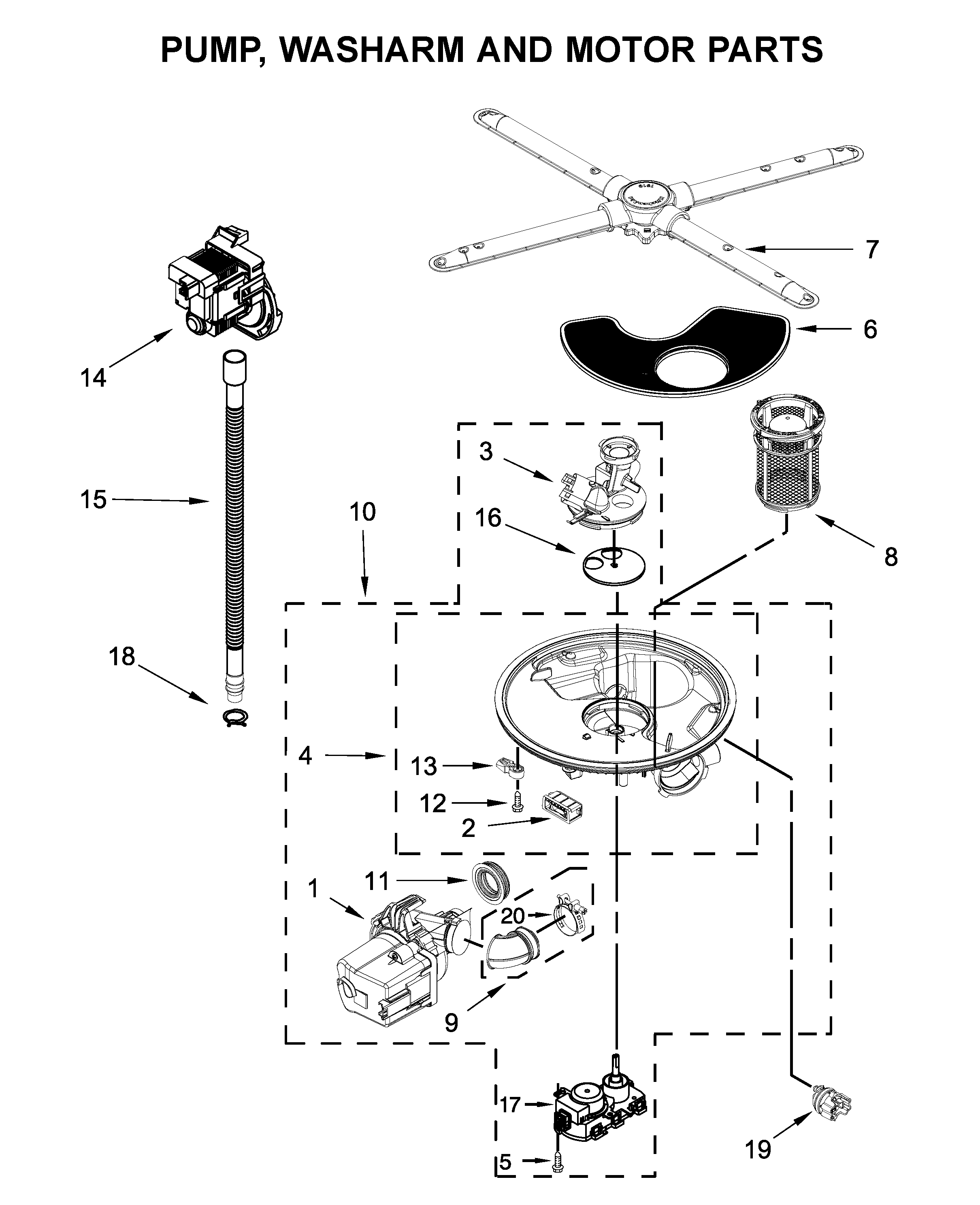 Pump, washarm and motor parts