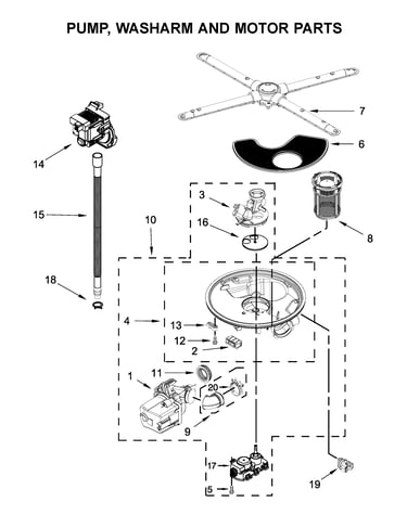 Pump, washarm and motor parts