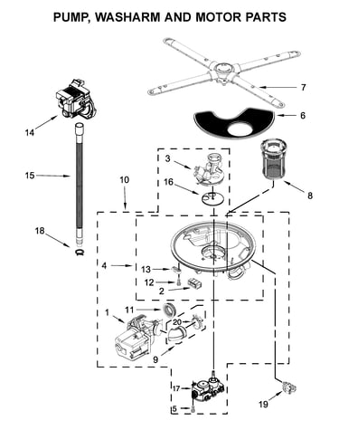 Pump, washarm and motor parts