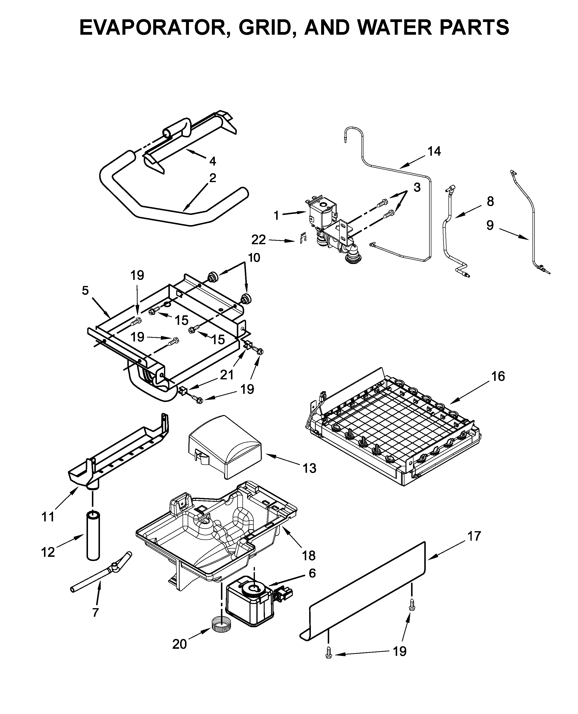 Evaporator, grid, and water parts
