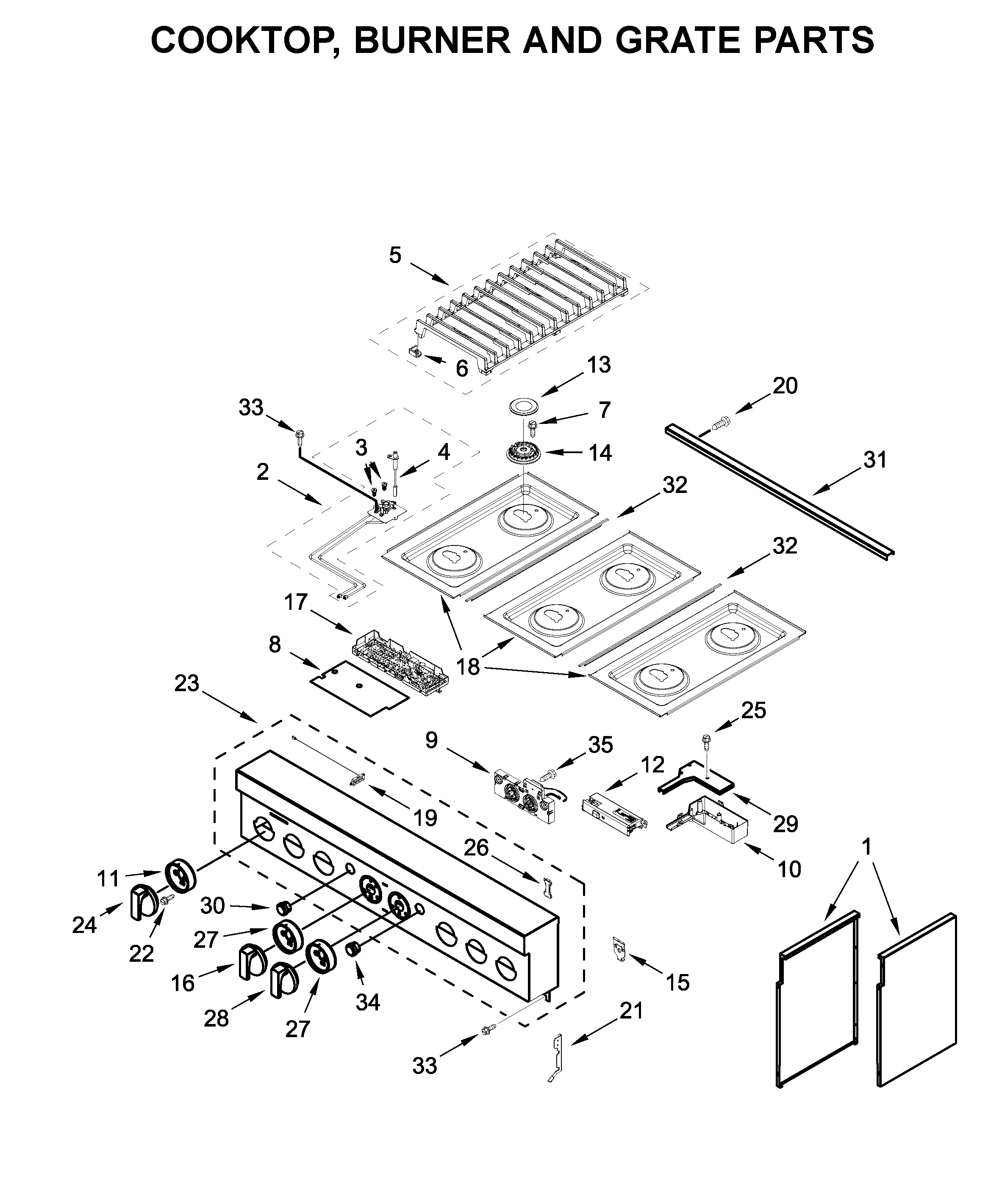 Cooktop, burner and grate parts