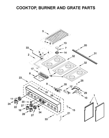 Cooktop, burner and grate parts