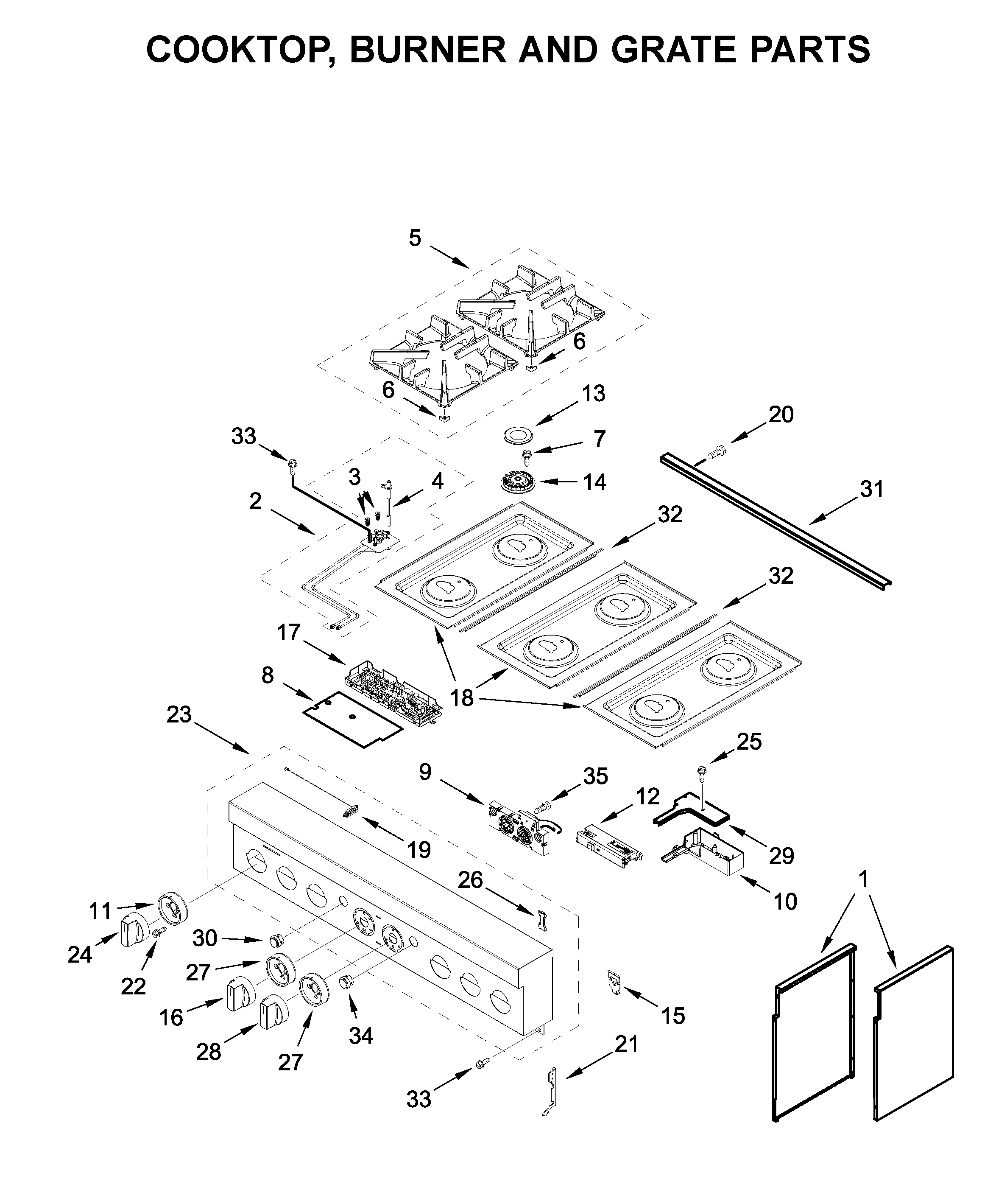Cooktop, burner and grate parts