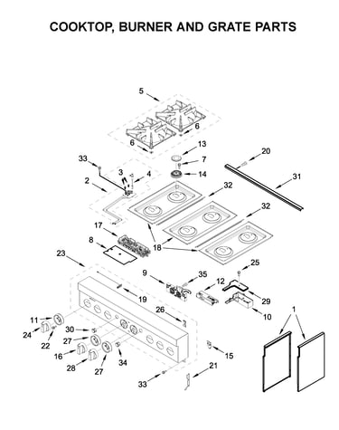 Cooktop, burner and grate parts