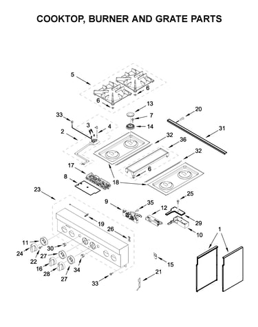 Cooktop, burner and grate parts
