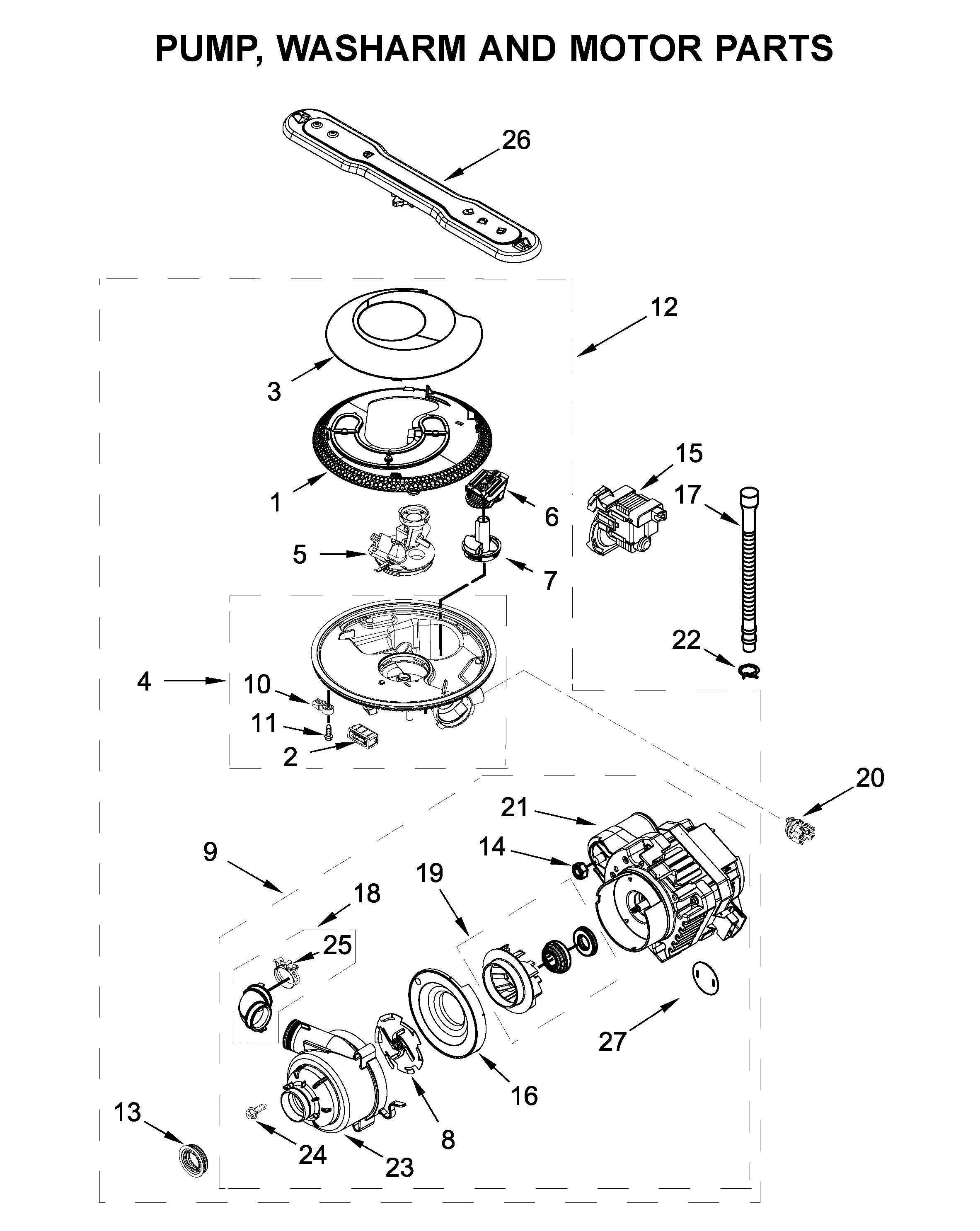 Pump, washarm and motor parts