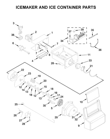 Icemaker and ice container parts