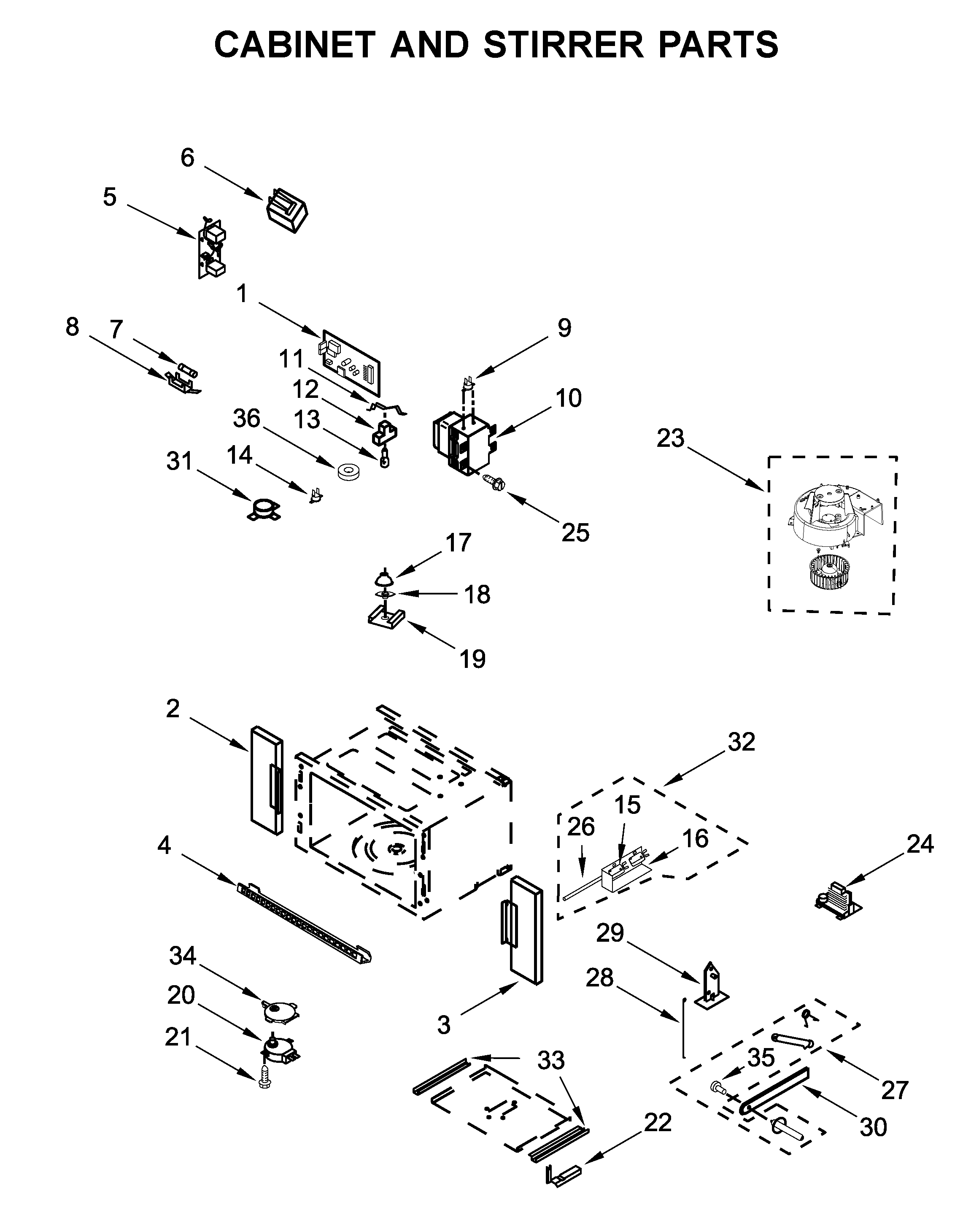Cabinet and stirrer parts
