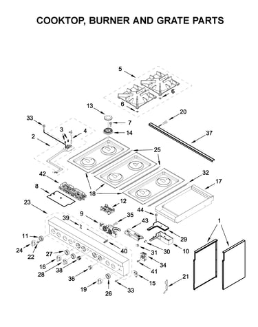 Cooktop, burner and grate parts