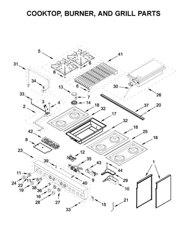 Cooktop, burner, and grill parts