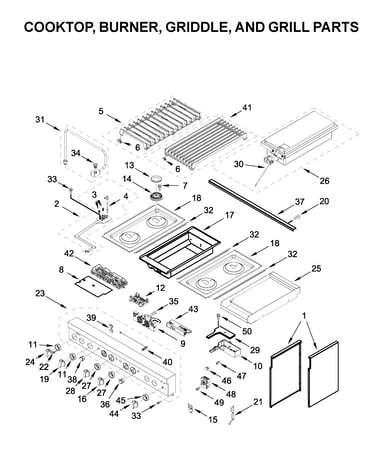 Cooktop, burner, griddle, and grill parts