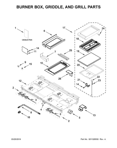 Burner box, griddle, and grill parts