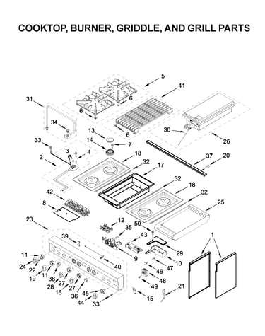 Cooktop, burner, griddle, and grill parts