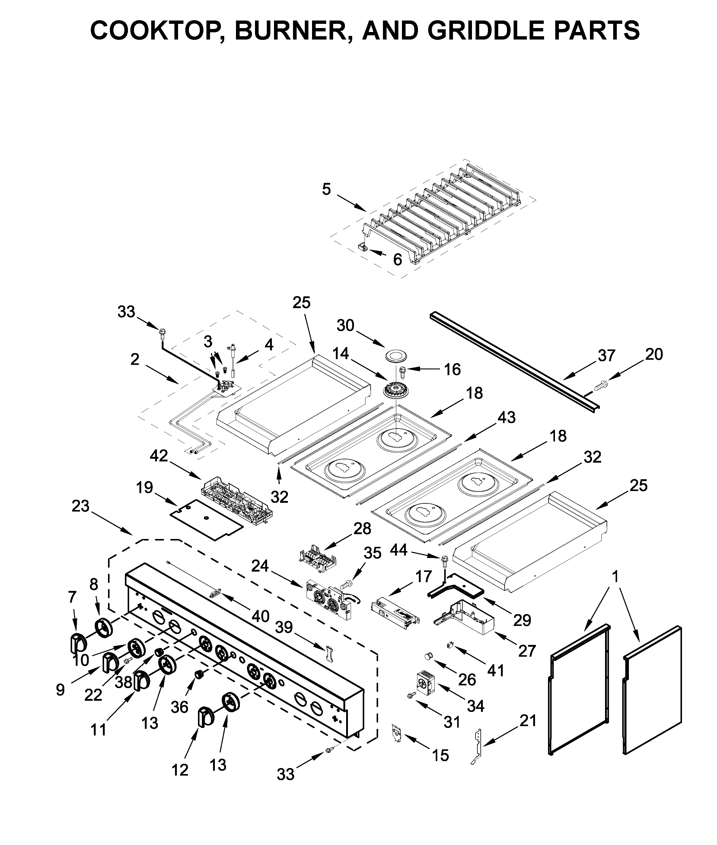 Cooktop, burner, and griddle parts