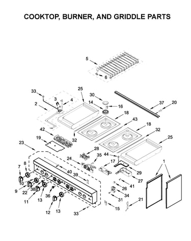 Cooktop, burner, and griddle parts