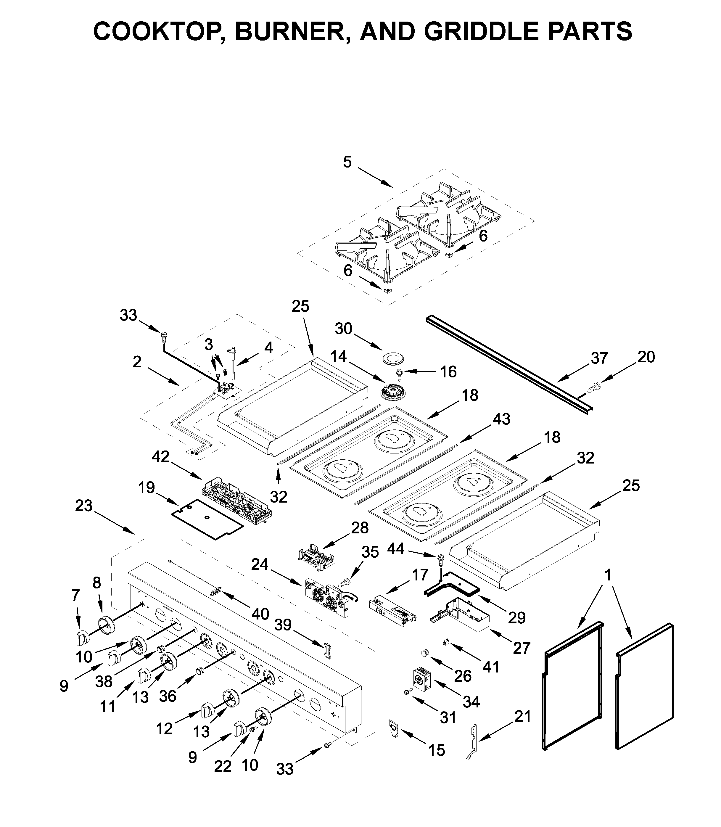 Cooktop, burner, and griddle parts